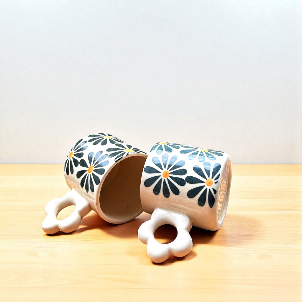 Daisy Coffee Mug | Unique Flower Handle Cup- Set of 2