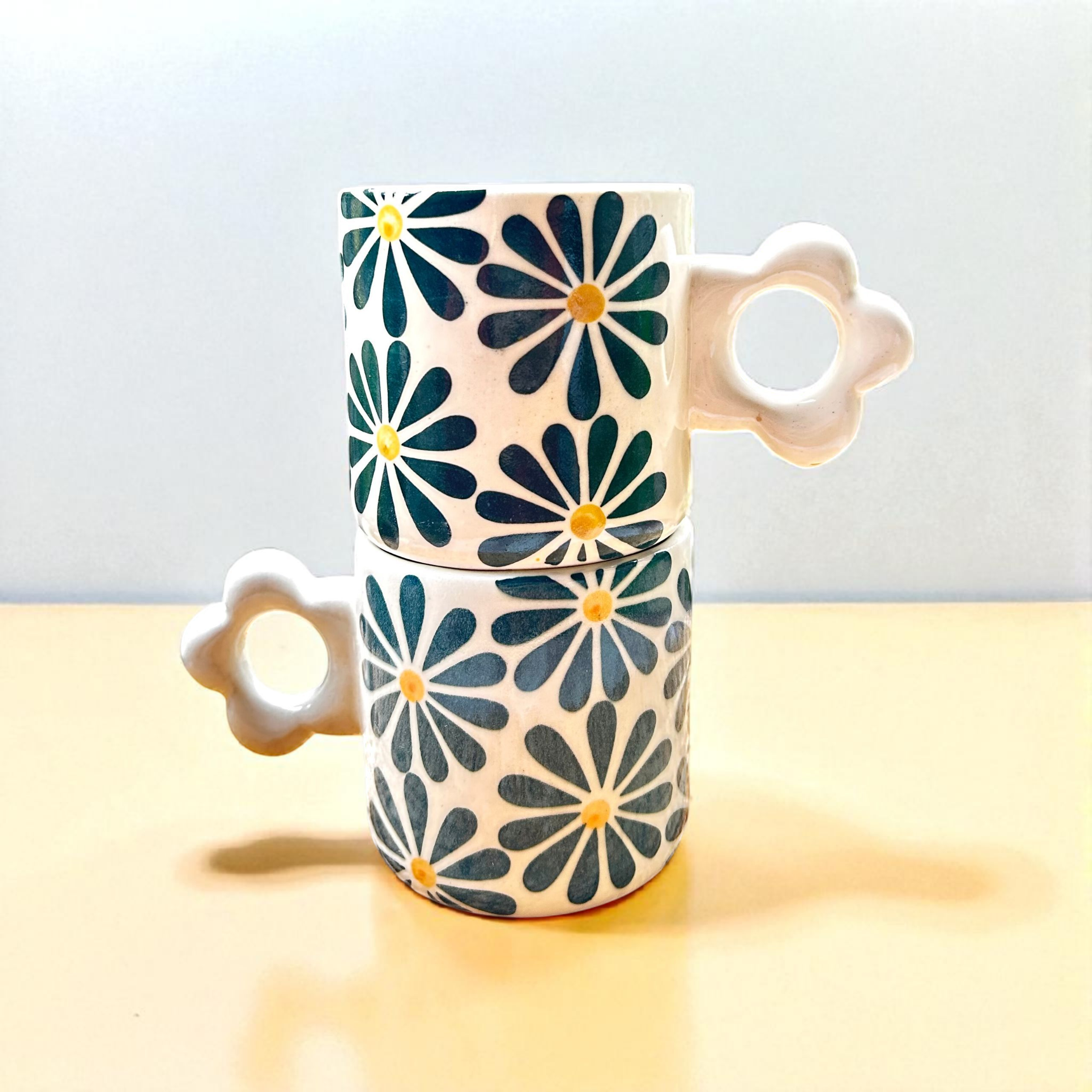 Daisy Coffee Mug | Unique Flower Handle Cup- Set of 2