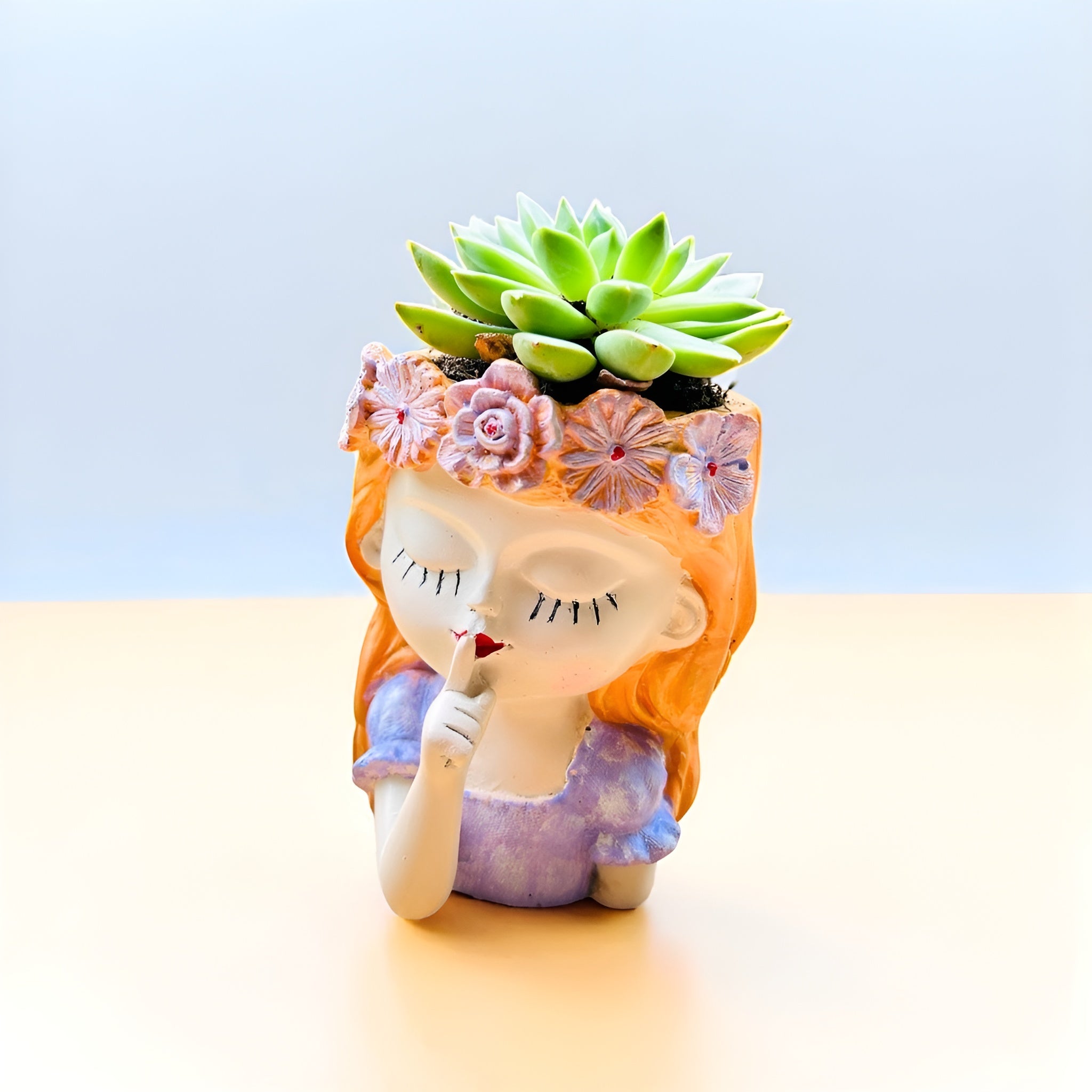 Whispering Blossom Girl Table Planter with Floral Crown