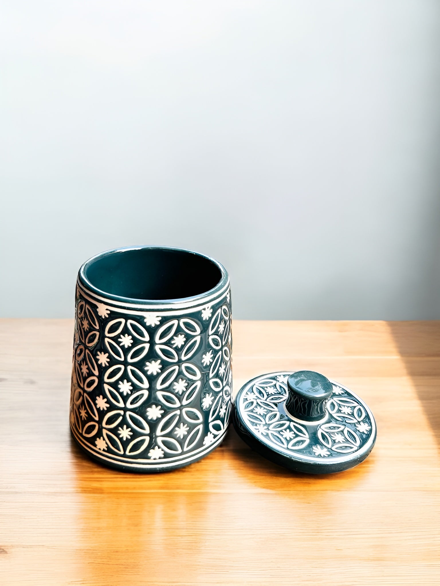 Teal Bloom Handcrafted Ceramic Storage Jar 550 ML