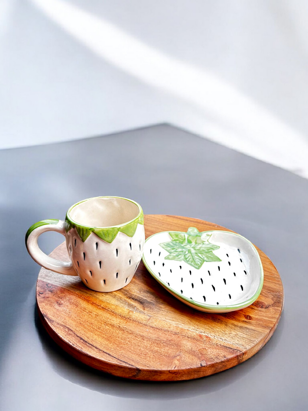 Strawberry Shaped Green Leaf Ceramic Cup & Saucer Set