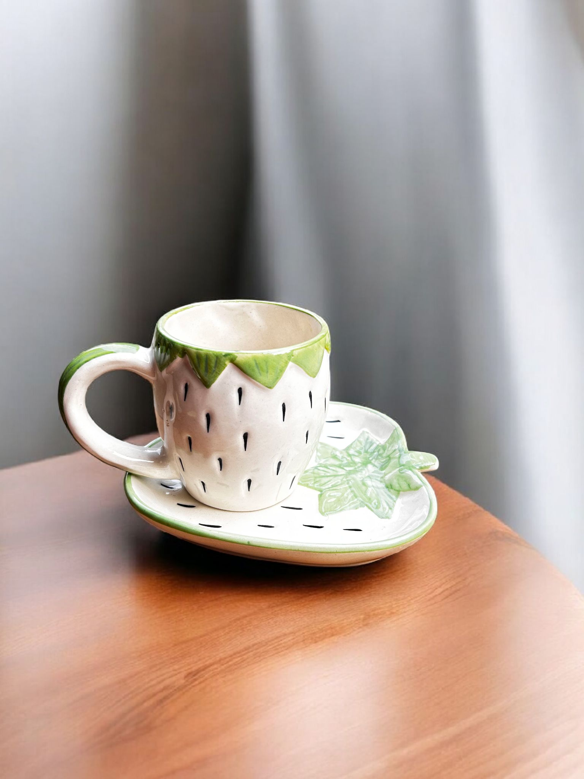 Strawberry Shaped Green Leaf Ceramic Cup & Saucer Set