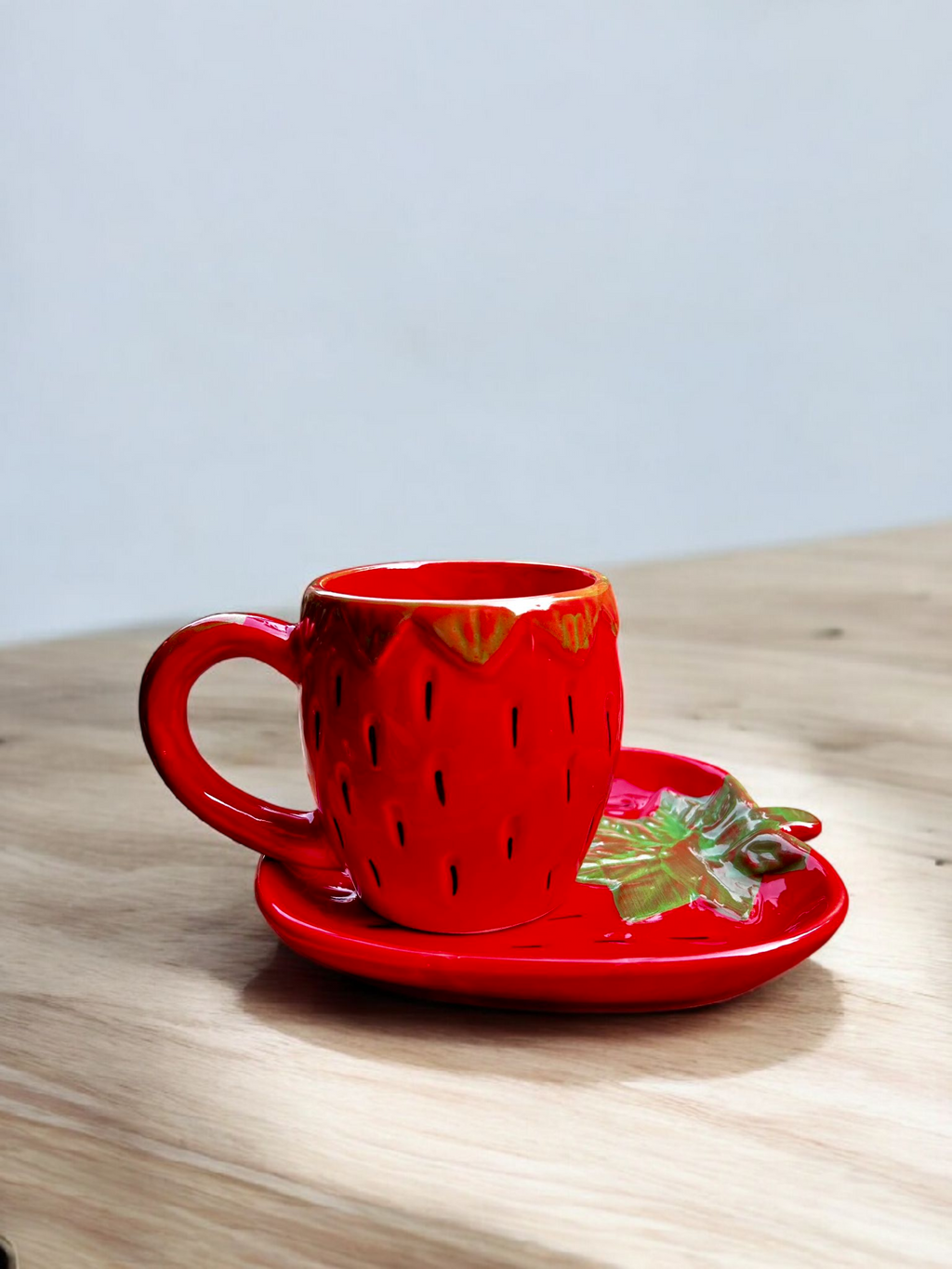 Strawberry Red Leaf Ceramic Cup & Saucer Set