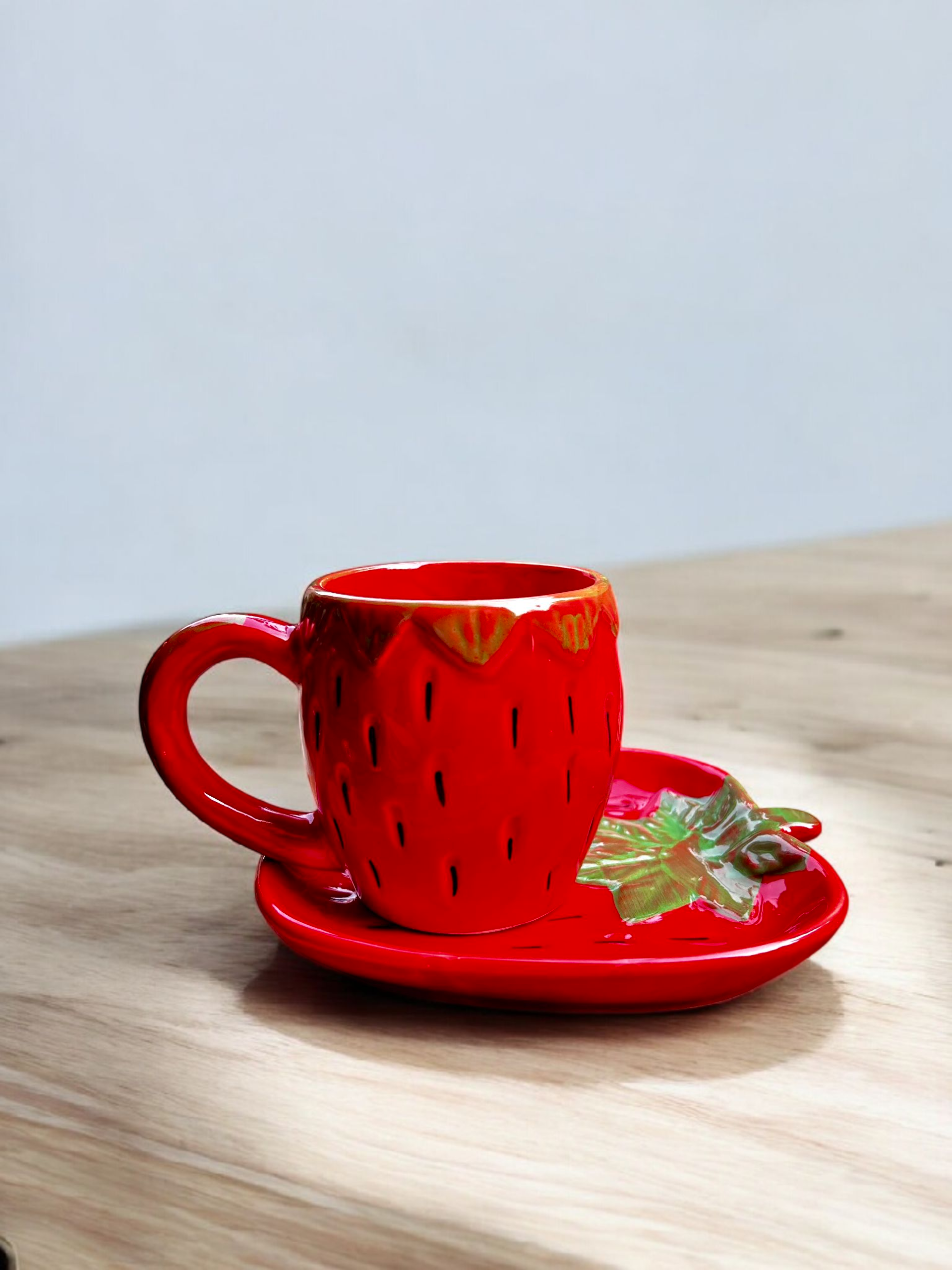Strawberry Red Leaf Ceramic Cup & Saucer Set