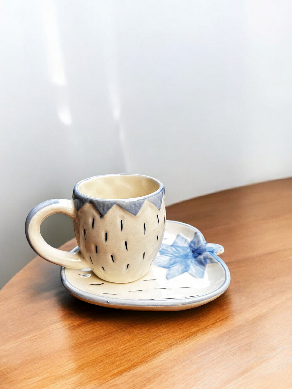 Strawberry Shaped Arctic Bloom Mug & Saucer Set — Handcrafted Ceramic Set