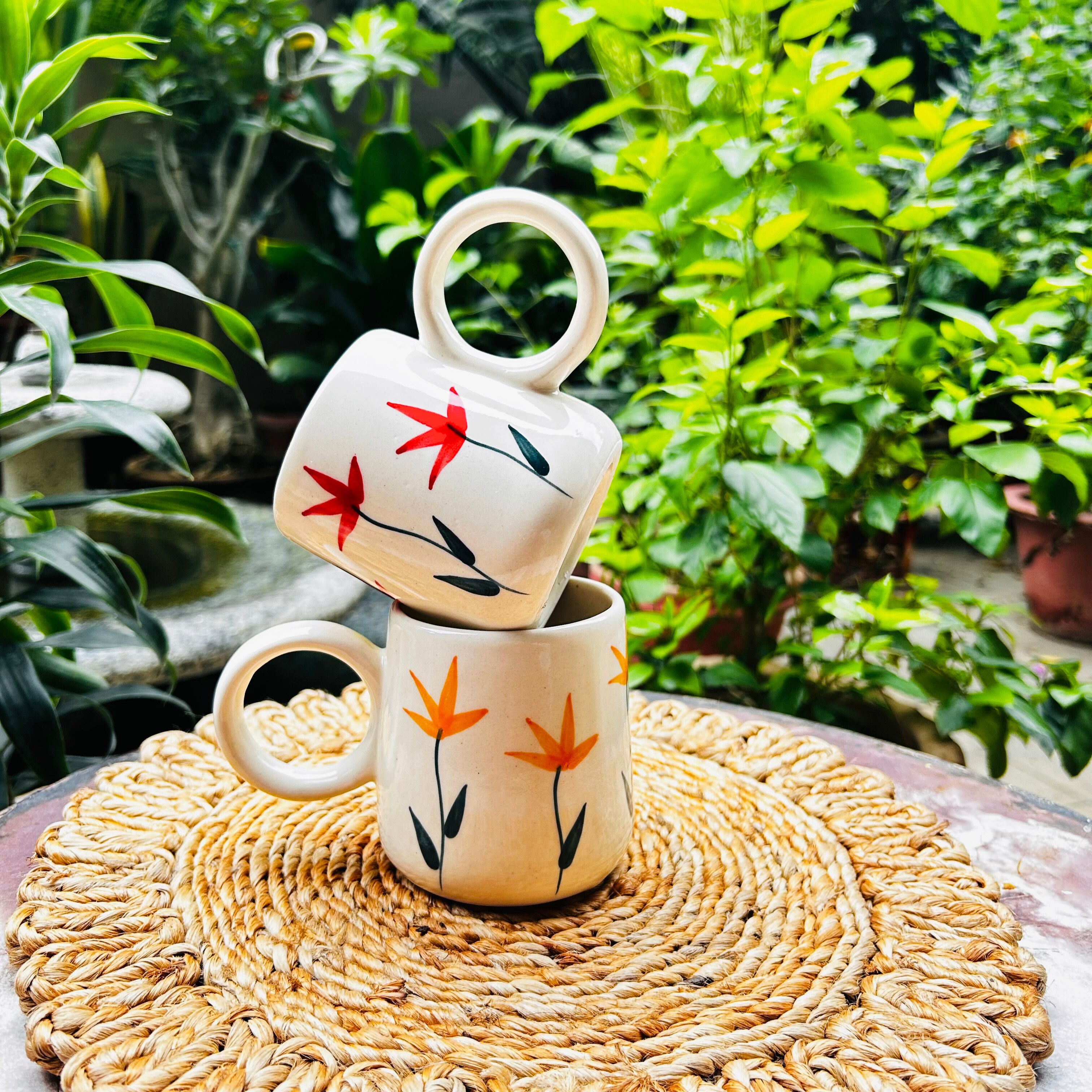 Cream with Yellow-Red Handpainted Flower Design Coffee mug (Set of 2)