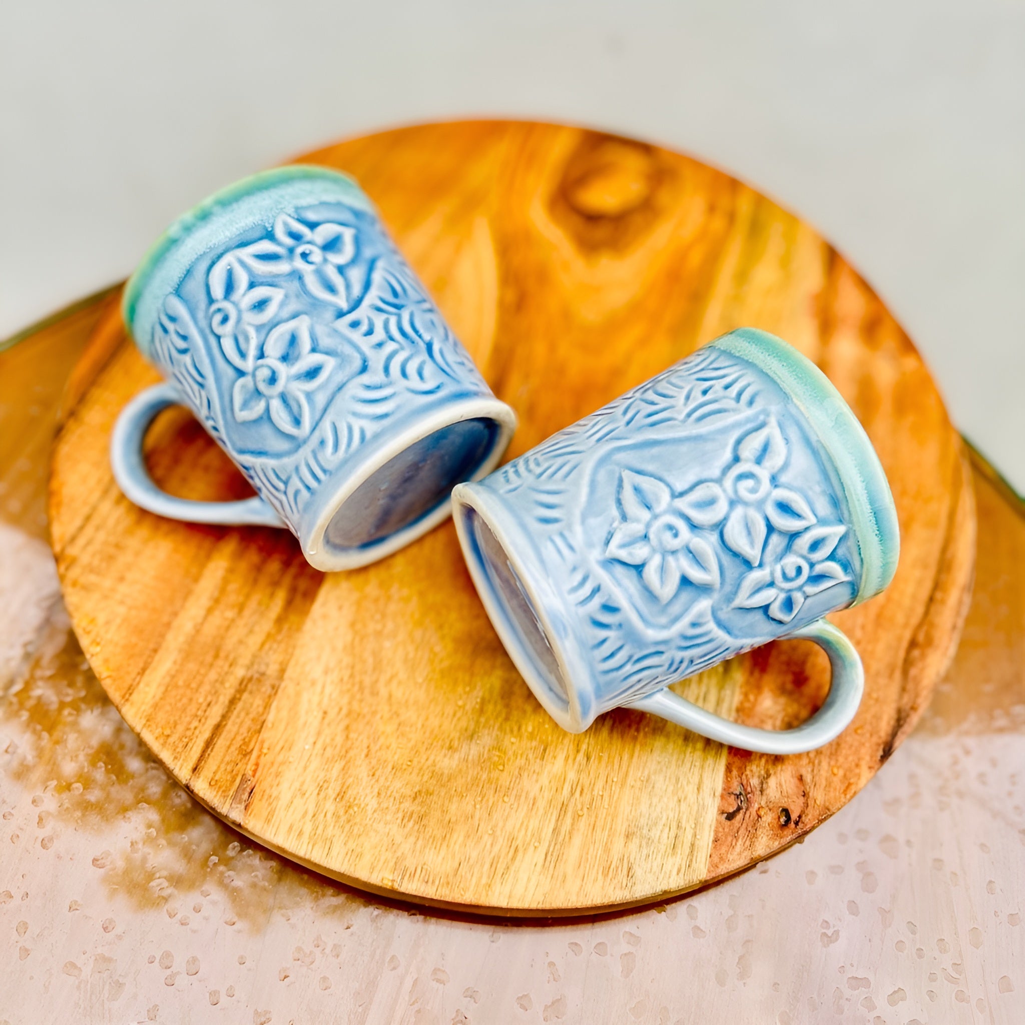 Blue Blossom Embossed Ceramic Coffee/Tea Mug Set