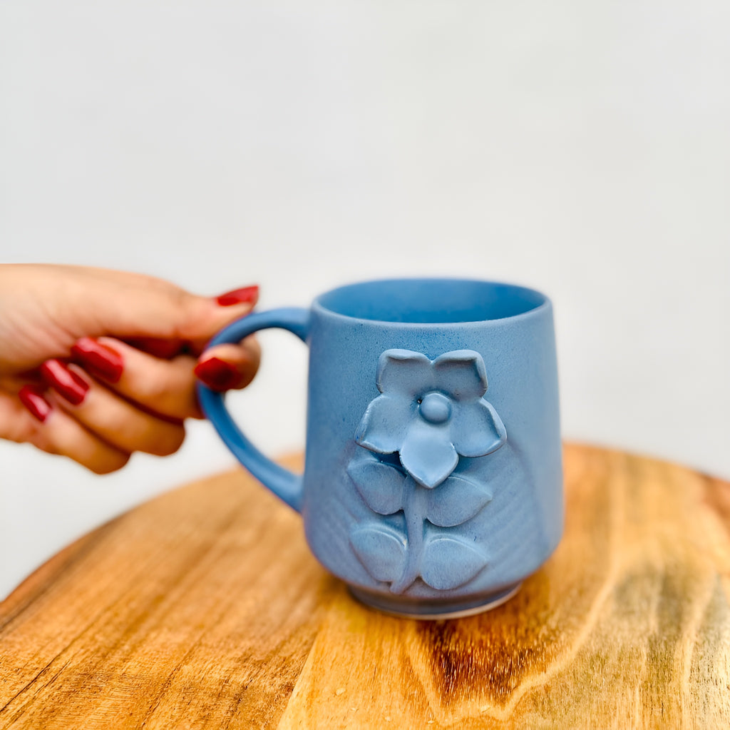 Earth Bloom Embossed Floral Handmade Ceramic Mug (set of 2)