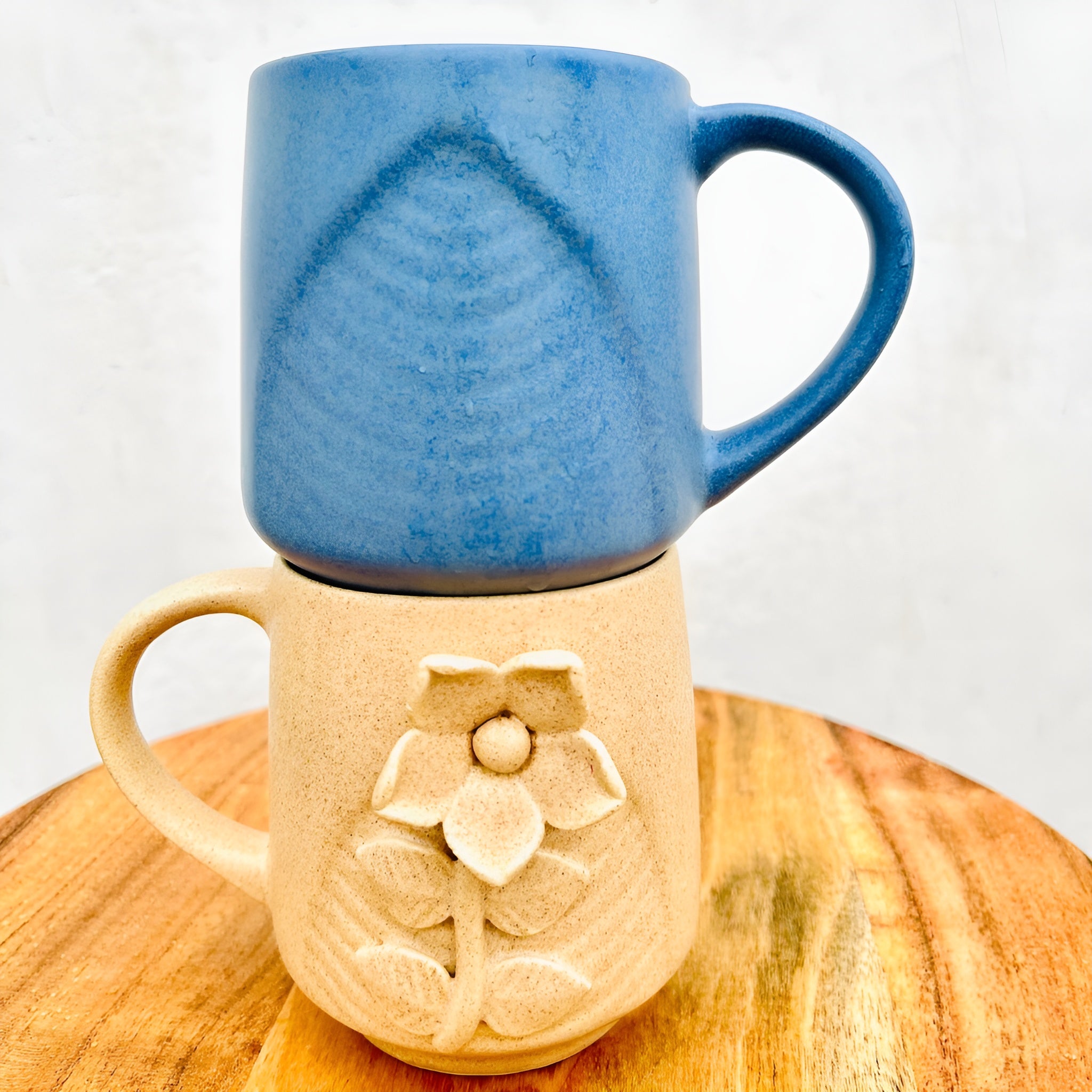 Earth Bloom Embossed Floral Handmade Ceramic Mug (set of 2)