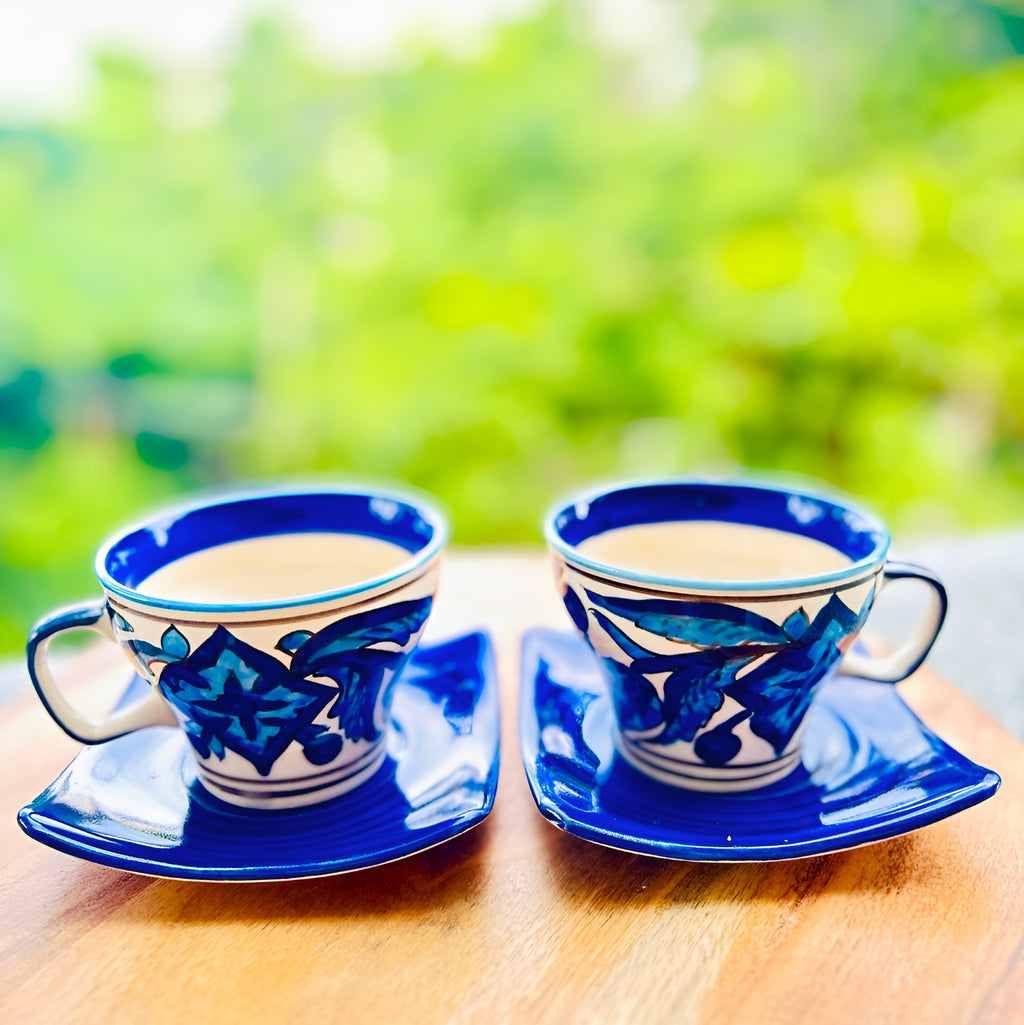 Royal Blue Floral Ceramic Tea Cup with Saucer