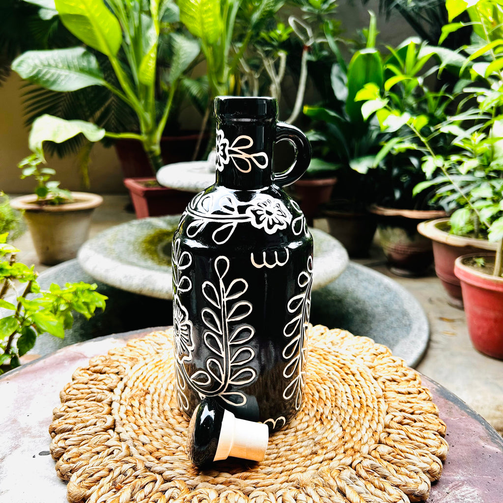 Midnight Bloom Black Bottle with White Floral Design