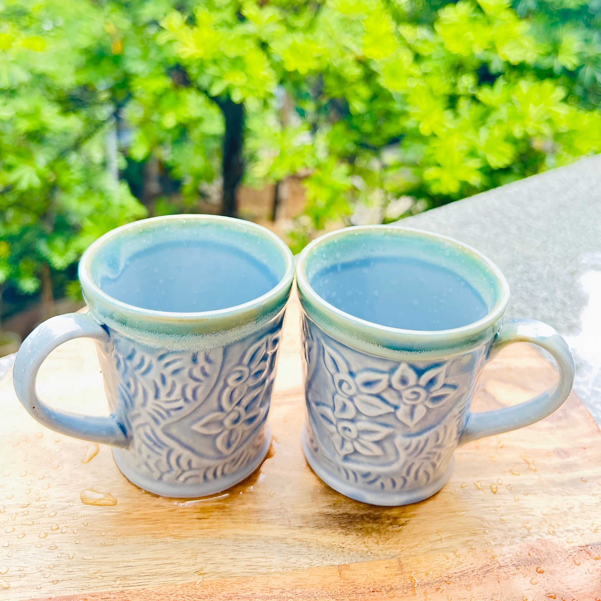 Blue Blossom Embossed Ceramic Coffee/Tea Mug Set