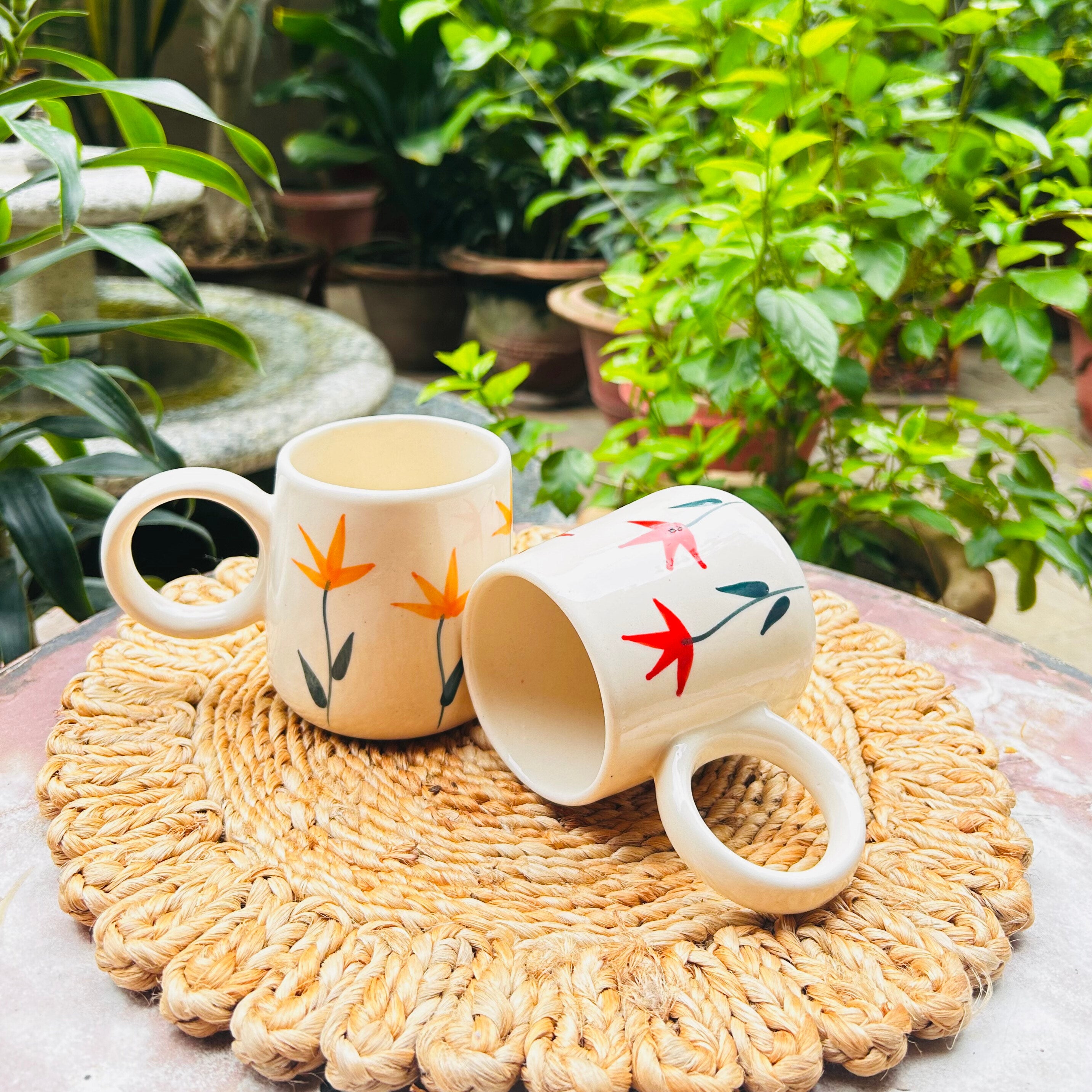 Cream with Yellow-Red Handpainted Flower Design Coffee mug (Set of 2)