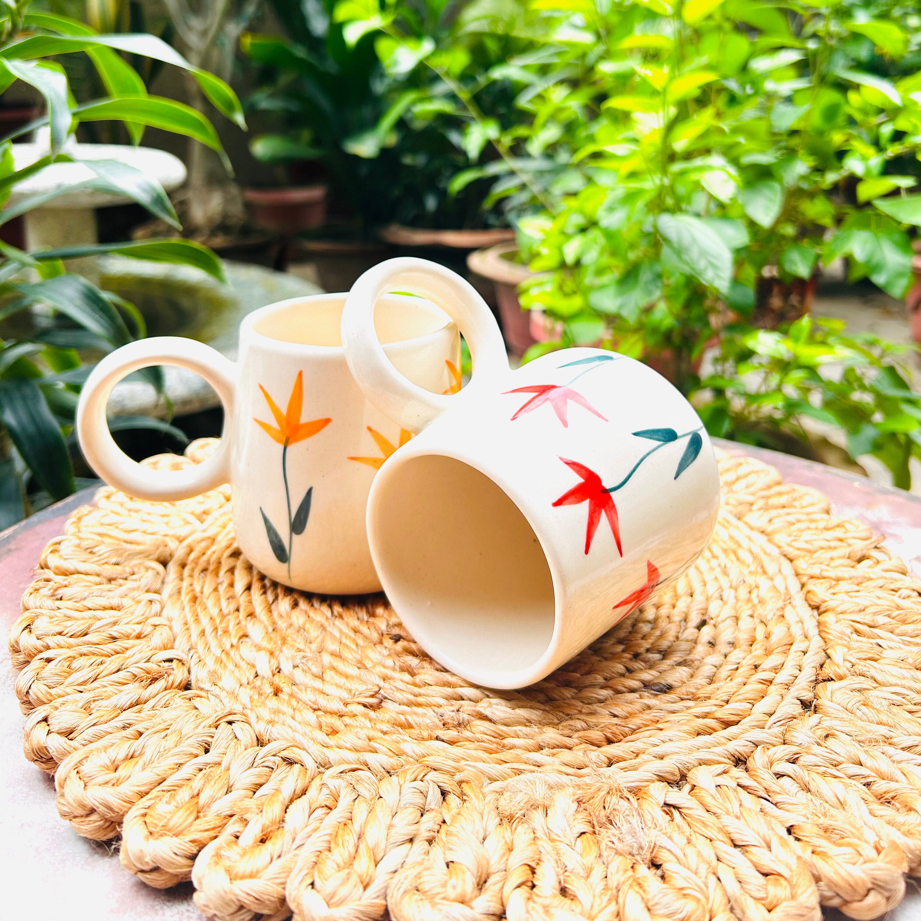 Cream with Yellow-Red Handpainted Flower Design Coffee mug (Set of 2)