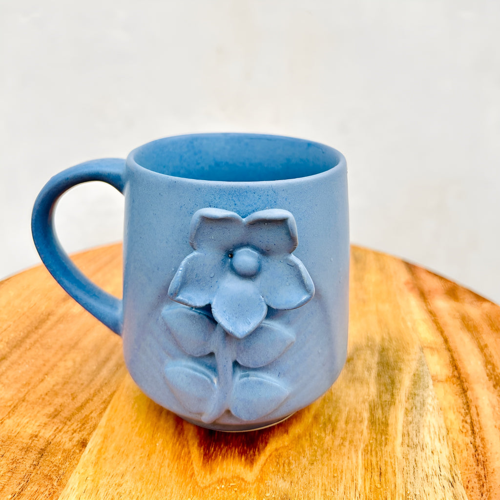 Earth Bloom Embossed Floral Handmade Ceramic Mug (set of 2)
