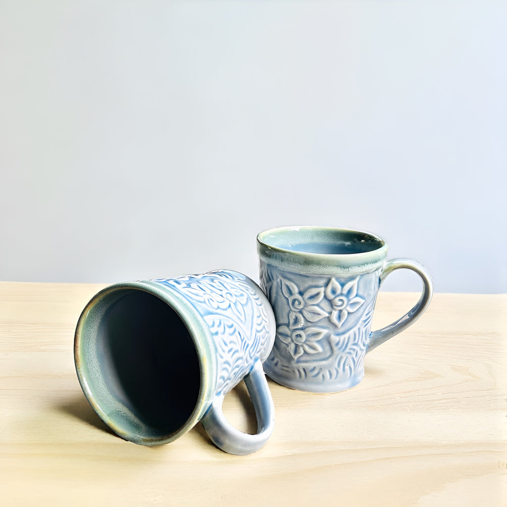 Blue Blossom Embossed Ceramic Coffee/Tea Mug Set