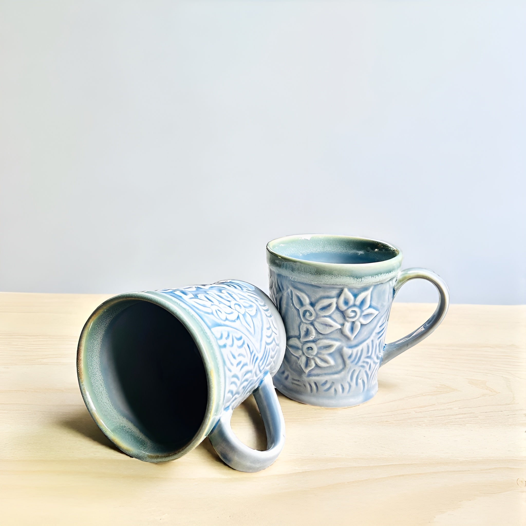 Blue Blossom Embossed Ceramic Coffee/Tea Mug Set