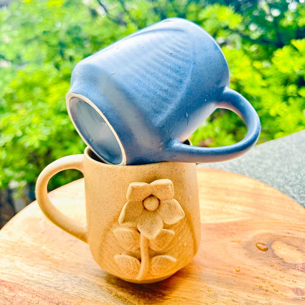 Earth Bloom Embossed Floral Handmade Ceramic Mug (set of 2)
