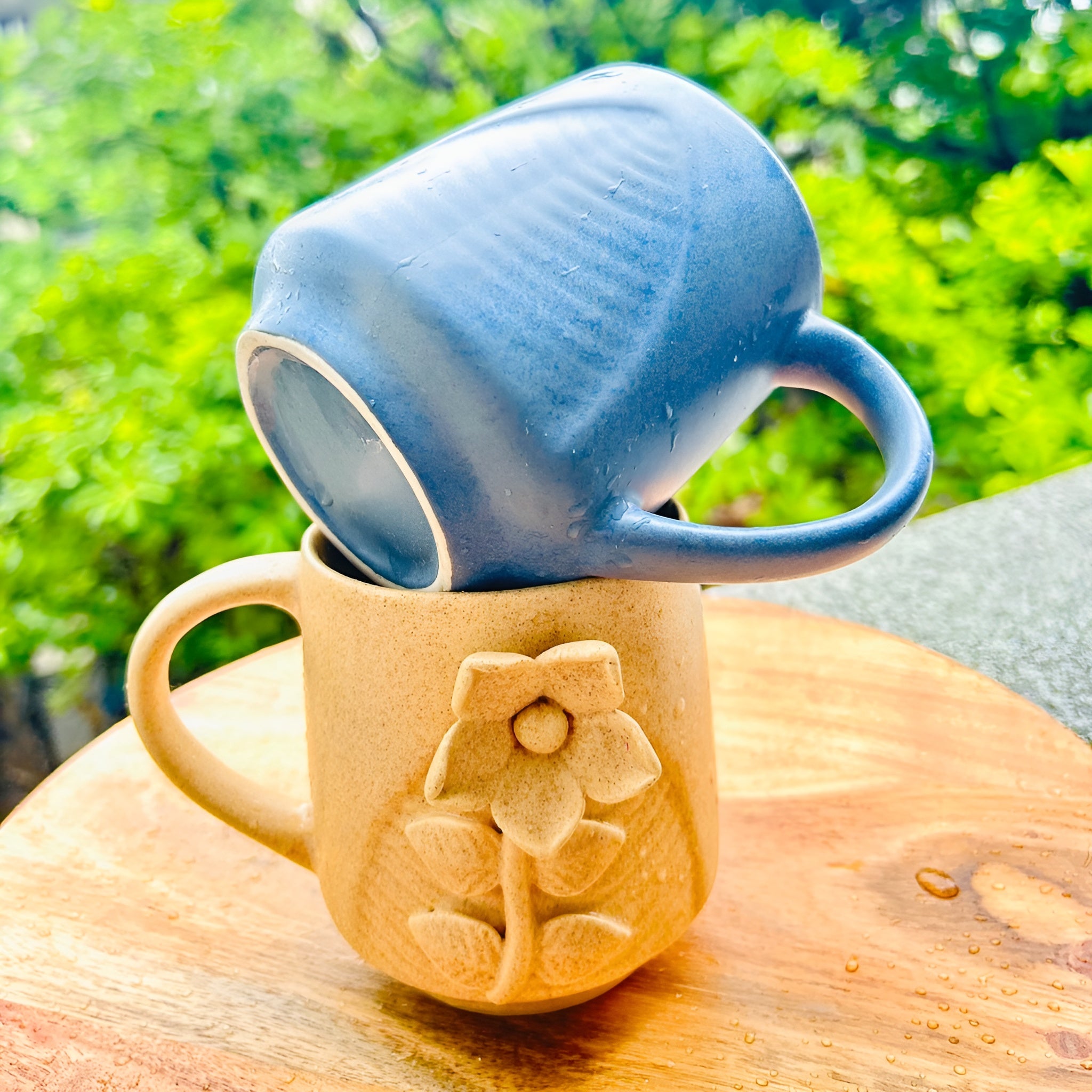 Earth Bloom Embossed Floral Handmade Ceramic Mug (set of 2)