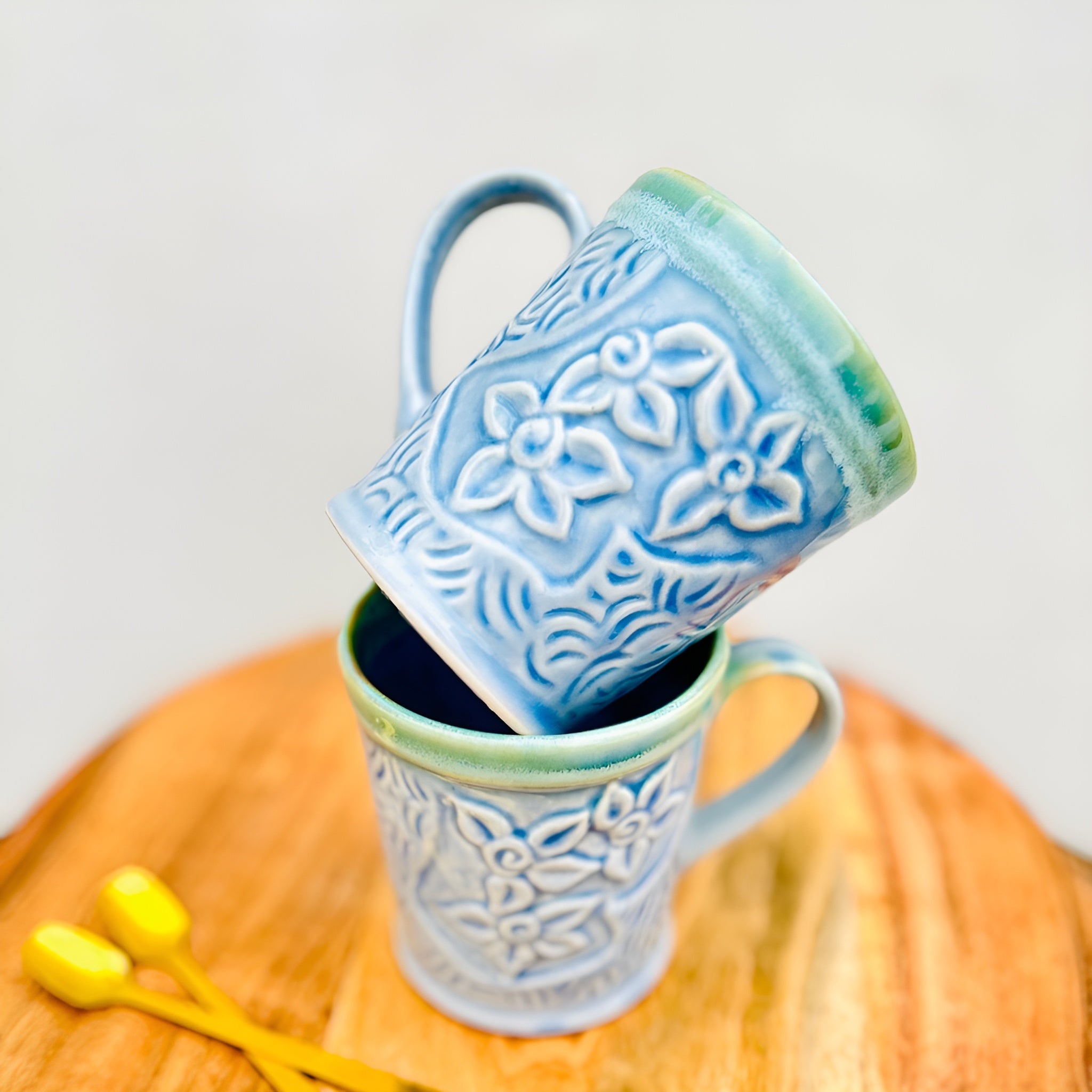Blue Blossom Embossed Ceramic Coffee/Tea Mug Set