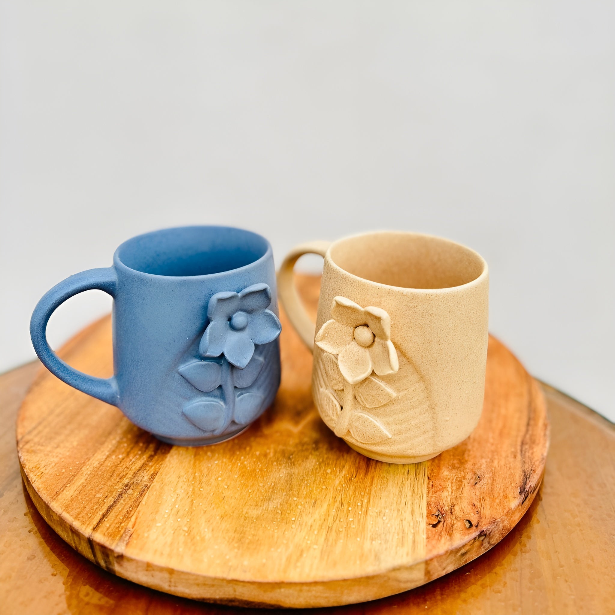 Earth Bloom Embossed Floral Handmade Ceramic Mug (set of 2)