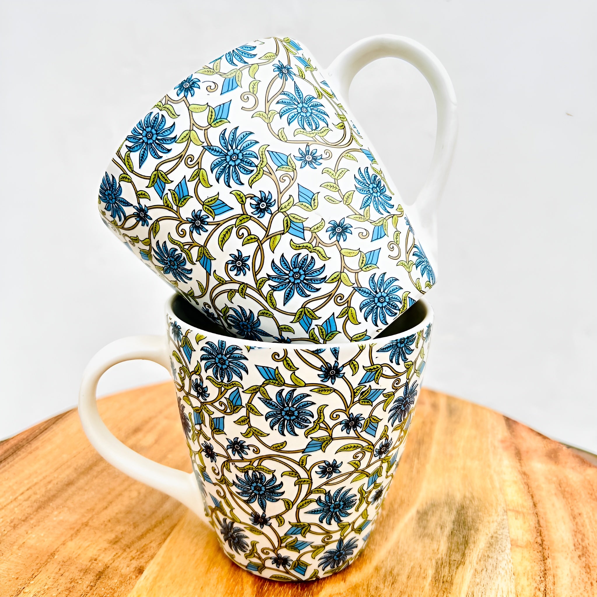 Blue Blossom Floral Handcrafted Ceramic Mug Set