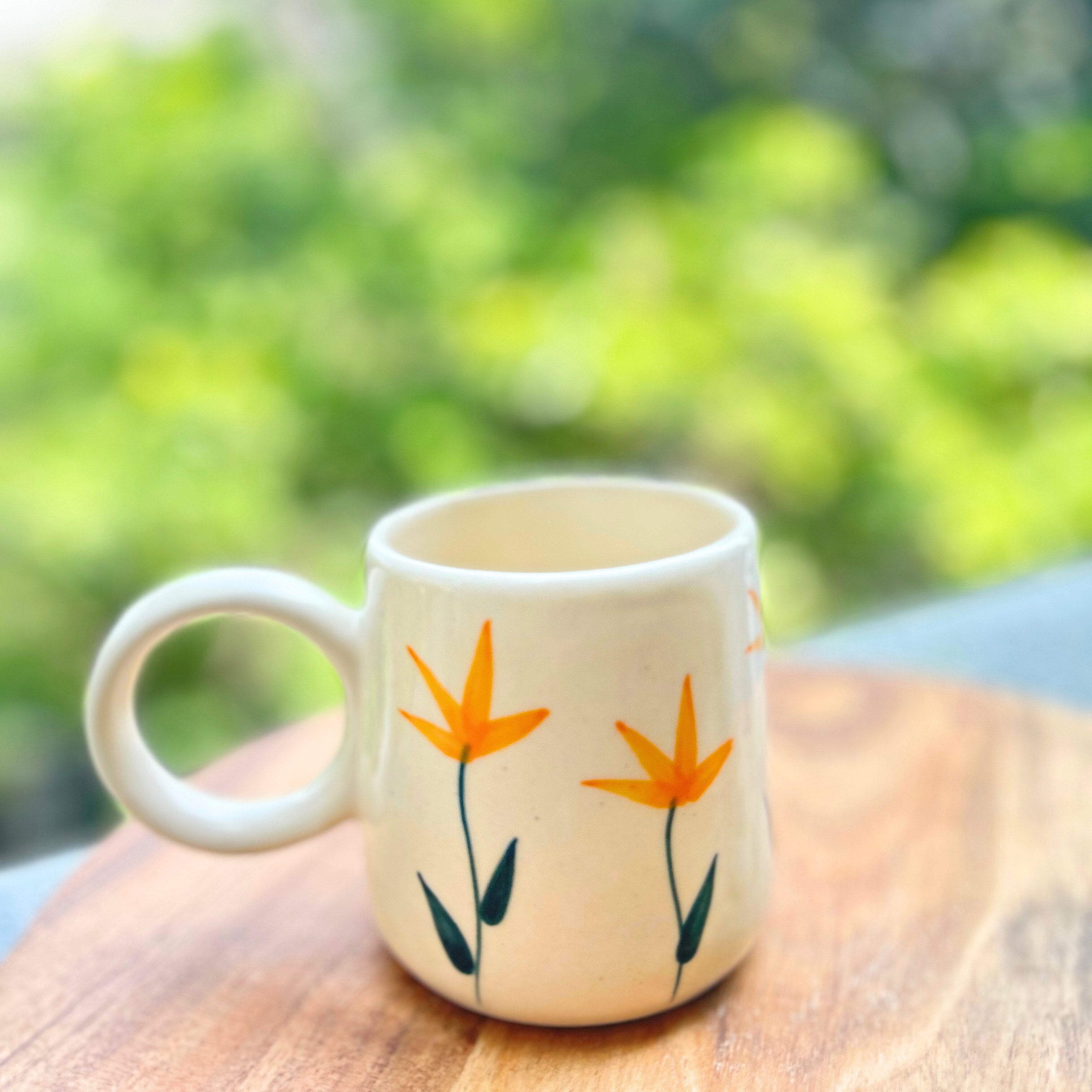 Cream with Yellow Handpainted Flower Design - Handmade Floral Ceramic Coffee Mug 315 ml