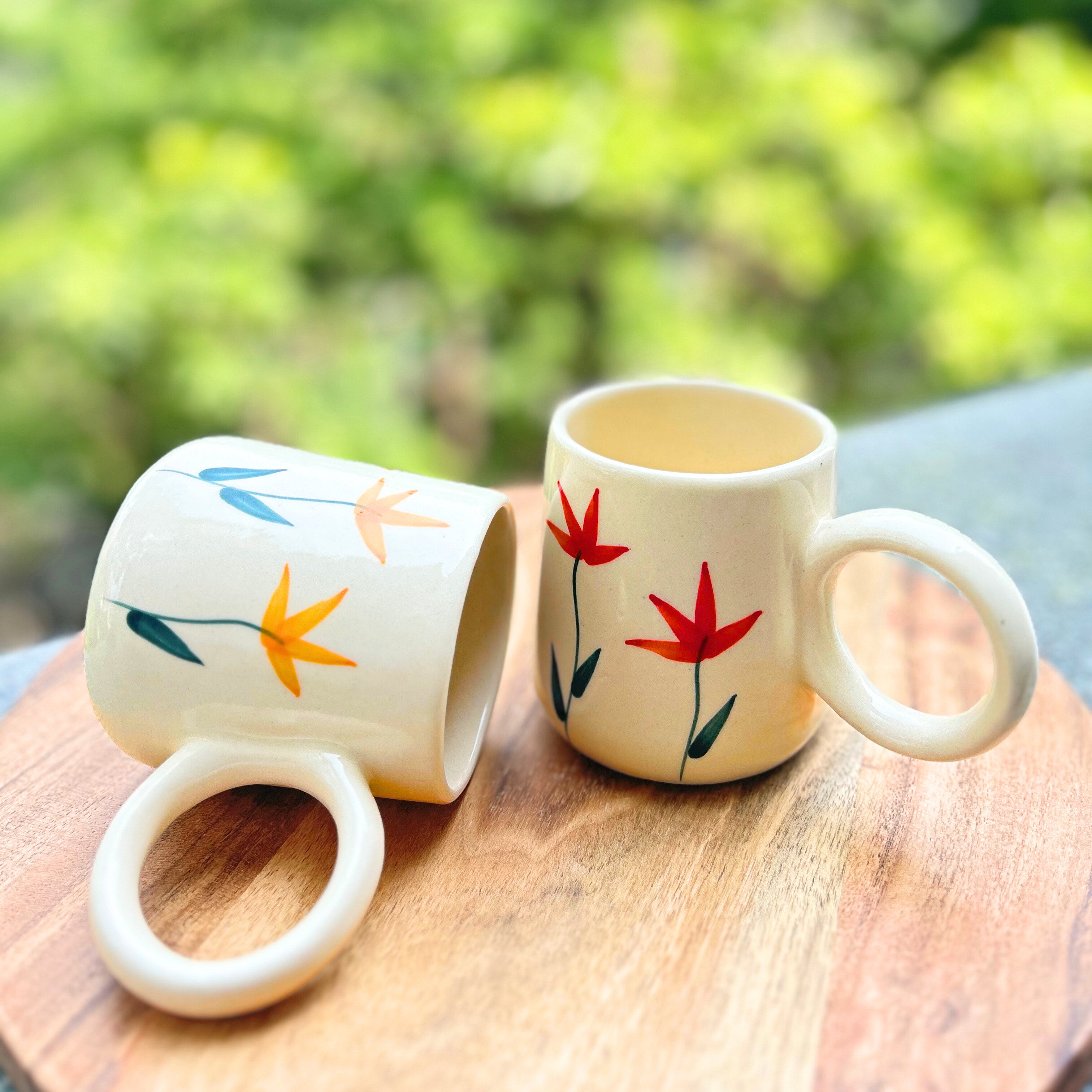 Cream with Yellow Handpainted Flower Design - Handmade Floral Ceramic Coffee Mug 315 ml