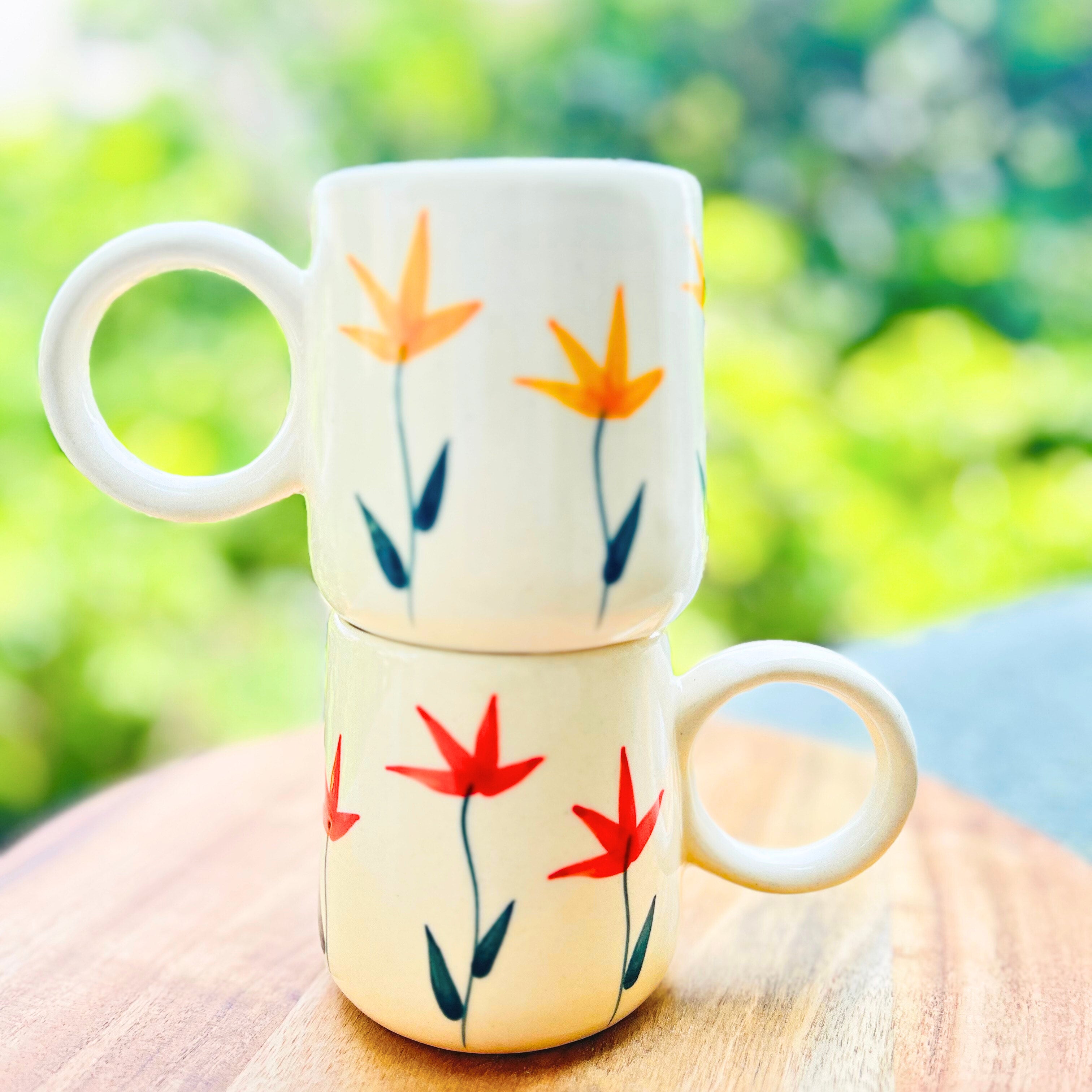 Cream with Yellow Handpainted Flower Design - Handmade Floral Ceramic Coffee Mug 315 ml
