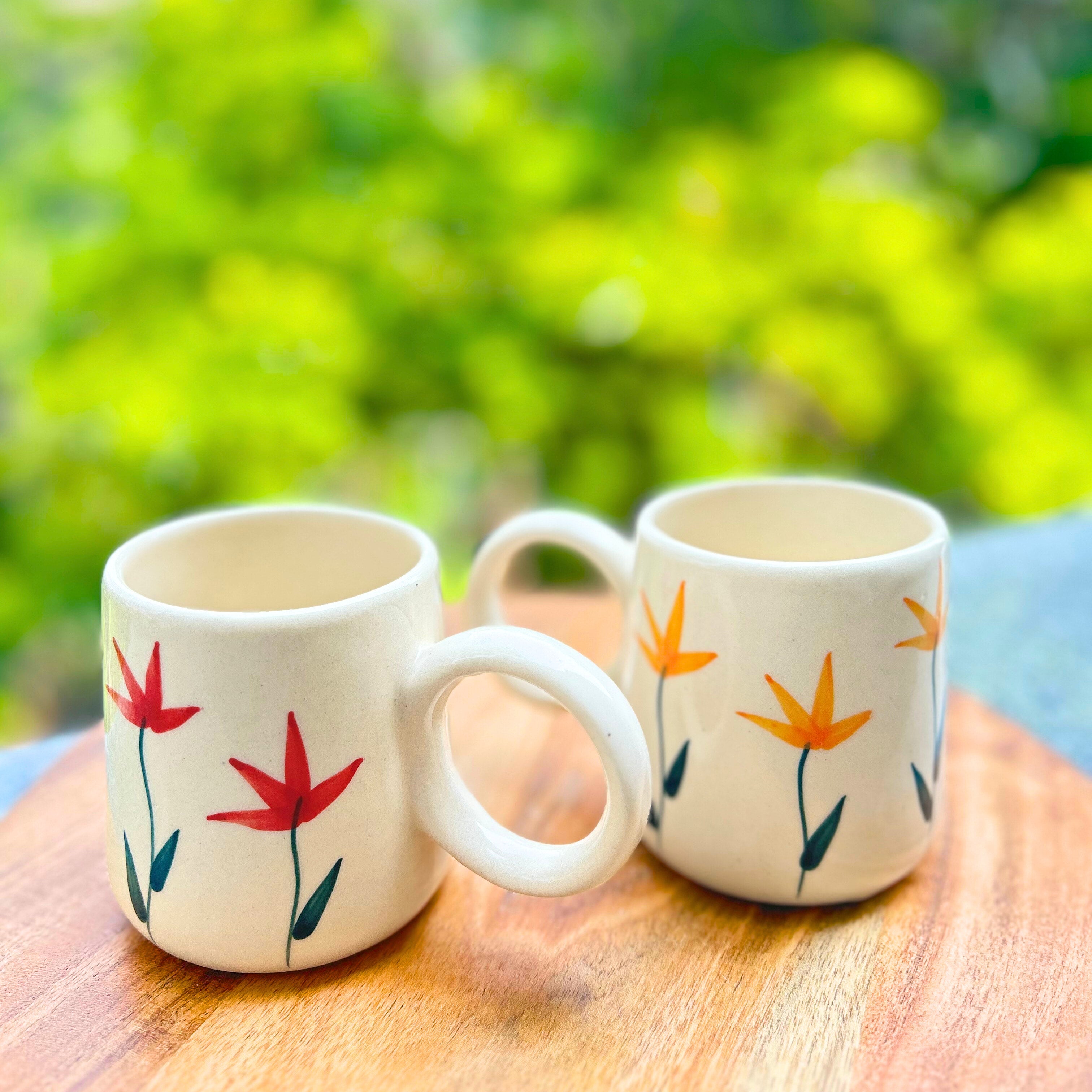 Cream with Yellow Handpainted Flower Design - Handmade Floral Ceramic Coffee Mug 315 ml