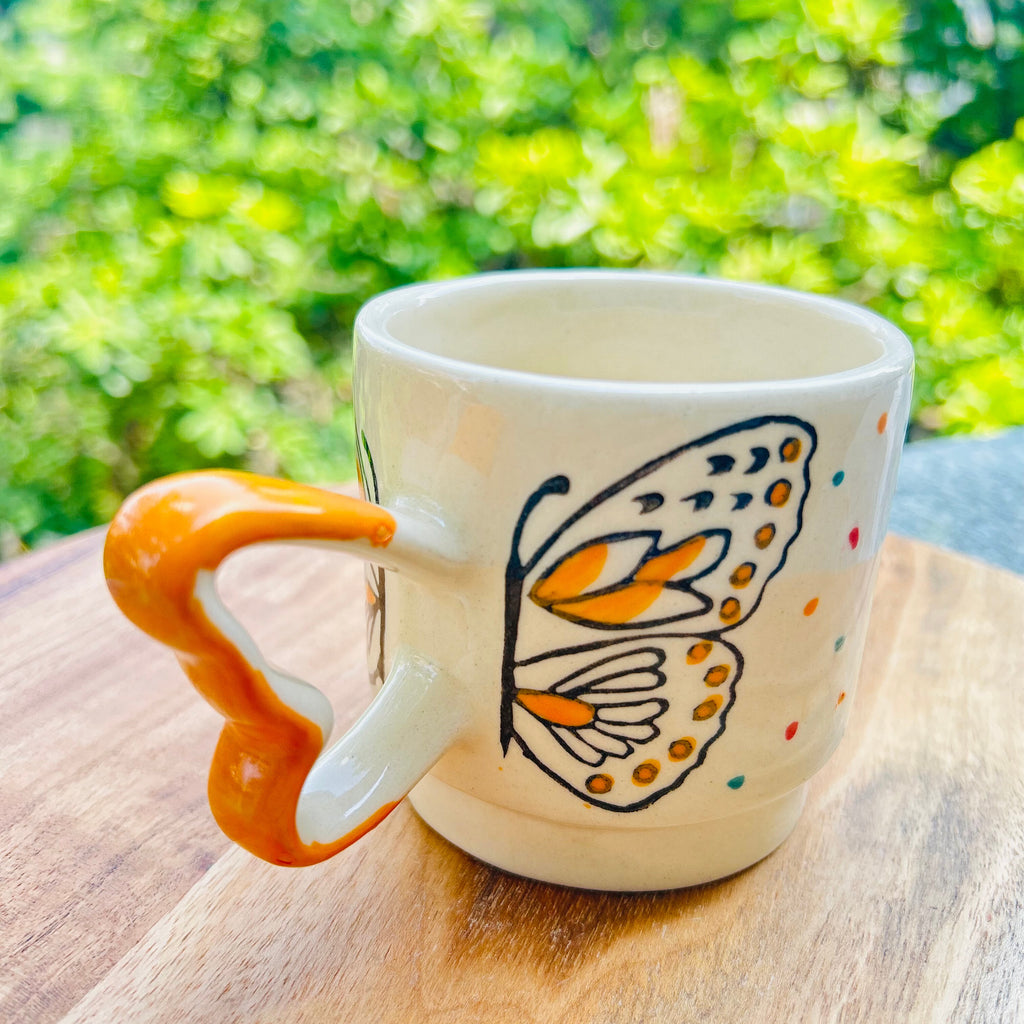Cream Mustard with Butterfly & Heart Handle - Handmade Handpainted Ceramic Coffee Mug 280 ml