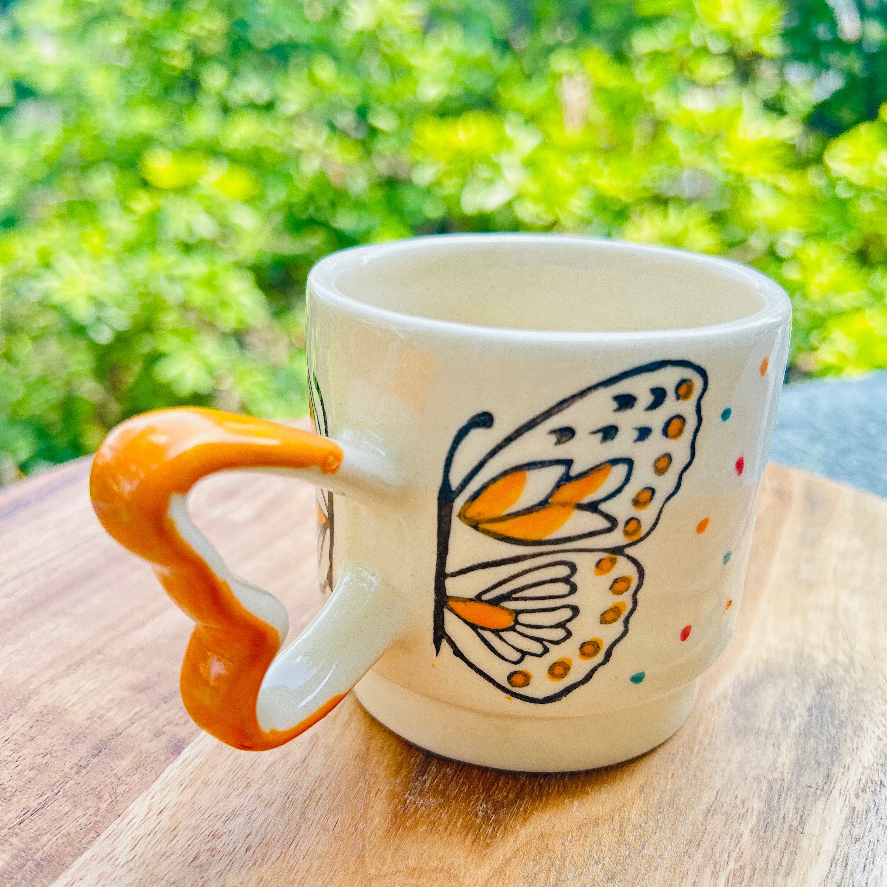 Cream Mustard with Butterfly & Heart Handle - Handmade Handpainted Ceramic Coffee Mug 280 ml