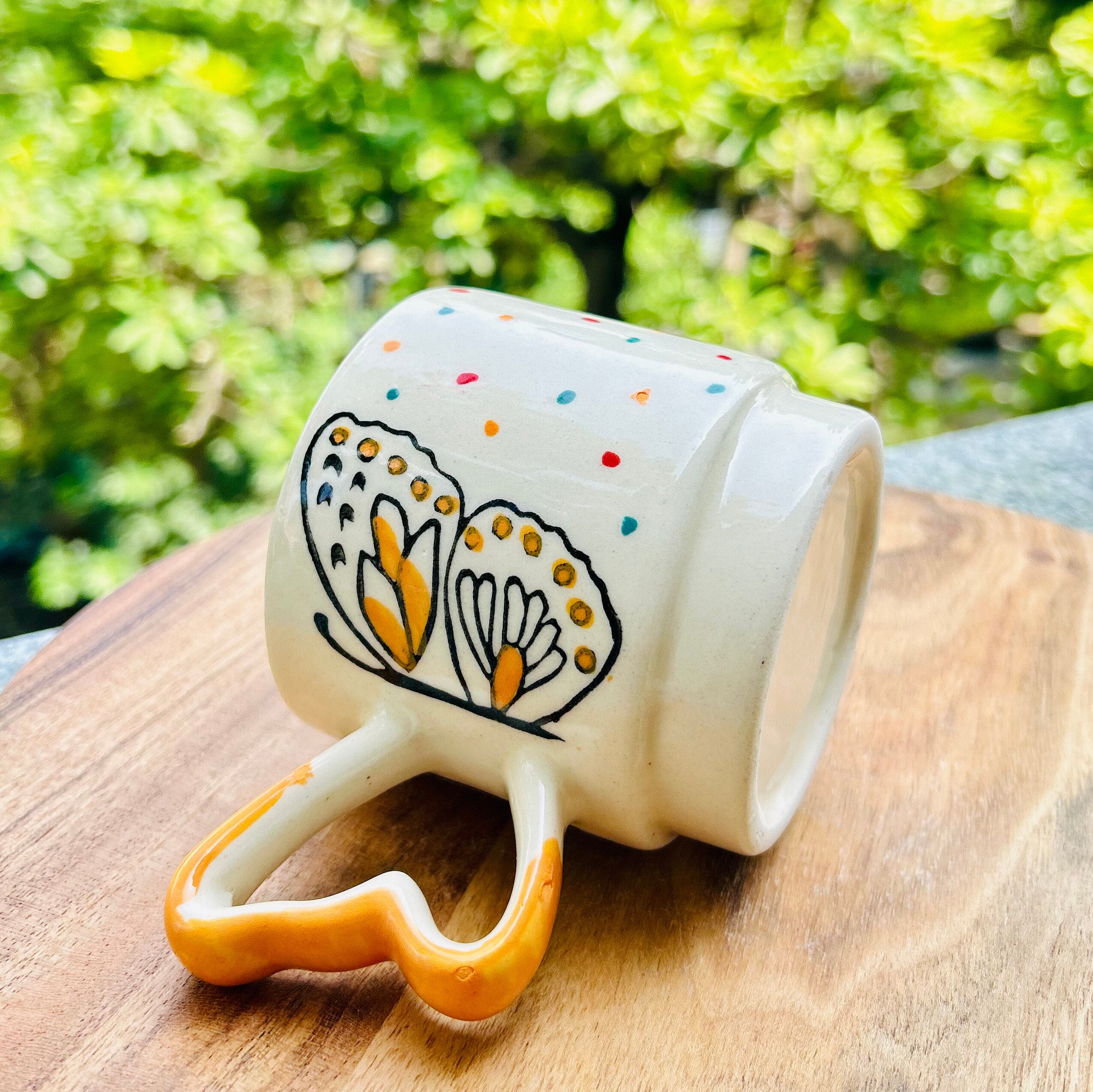 Cream Mustard with Butterfly & Heart Handle - Handmade Handpainted Ceramic Coffee Mug 280 ml