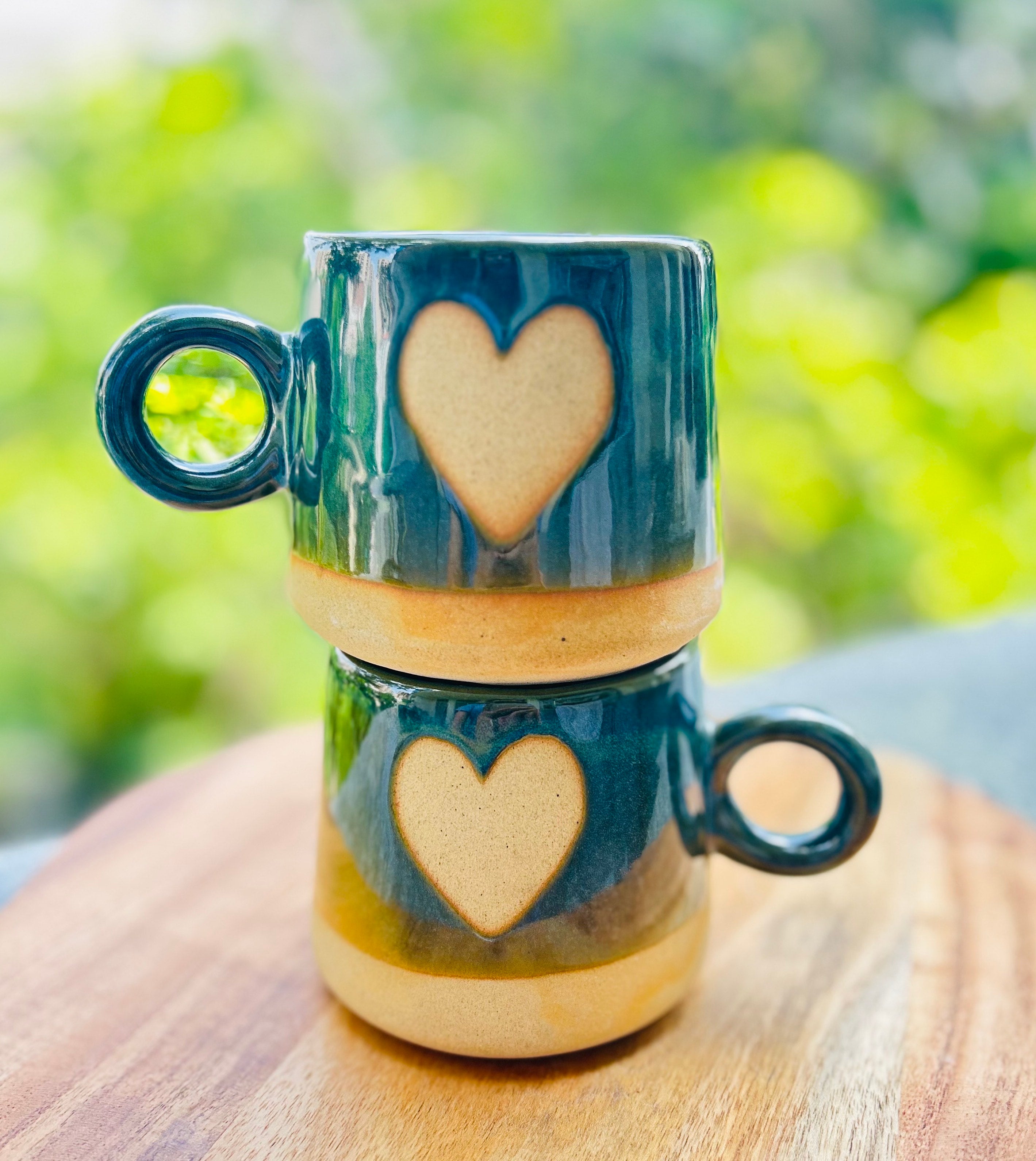 Green & Beige Heart Design - Handmade Ceramic Coffee Mug 300 ml
