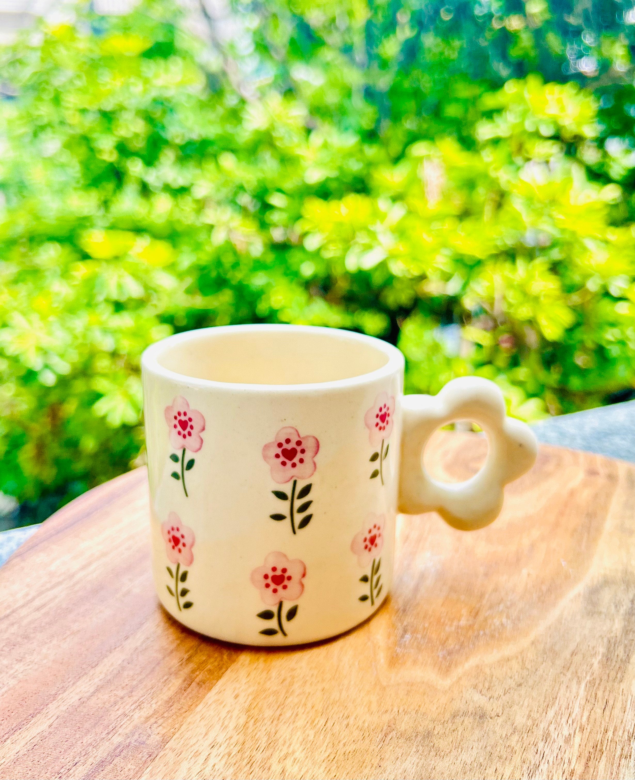Cream with Pink Flower Pattern; Flower-Shaped Handle - Handmade Floral Ceramic Coffee Mug