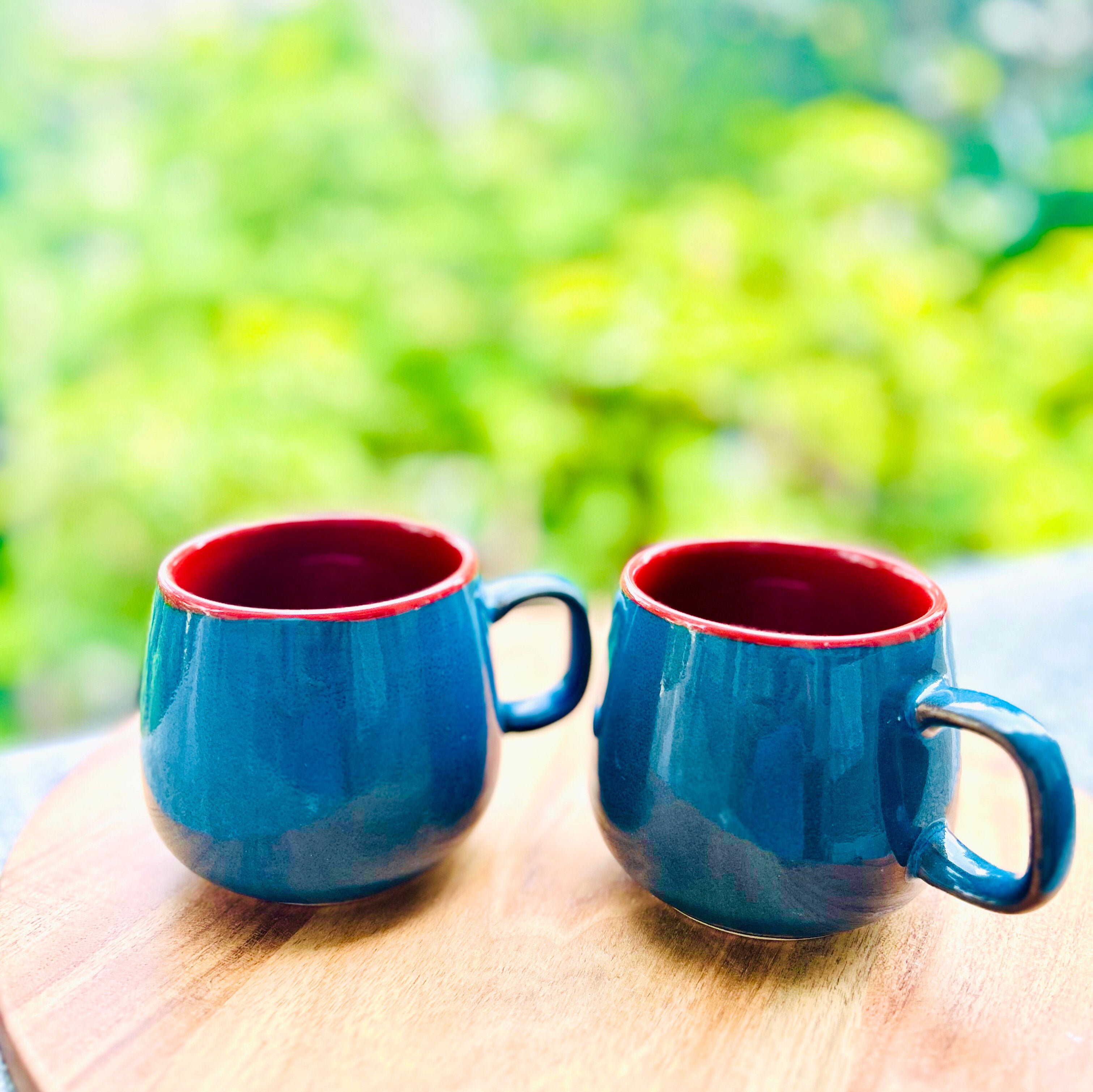 Blue Exterior & Red Interior Oval shaped - Handmade Ceramic Coffee Mug 300 ml