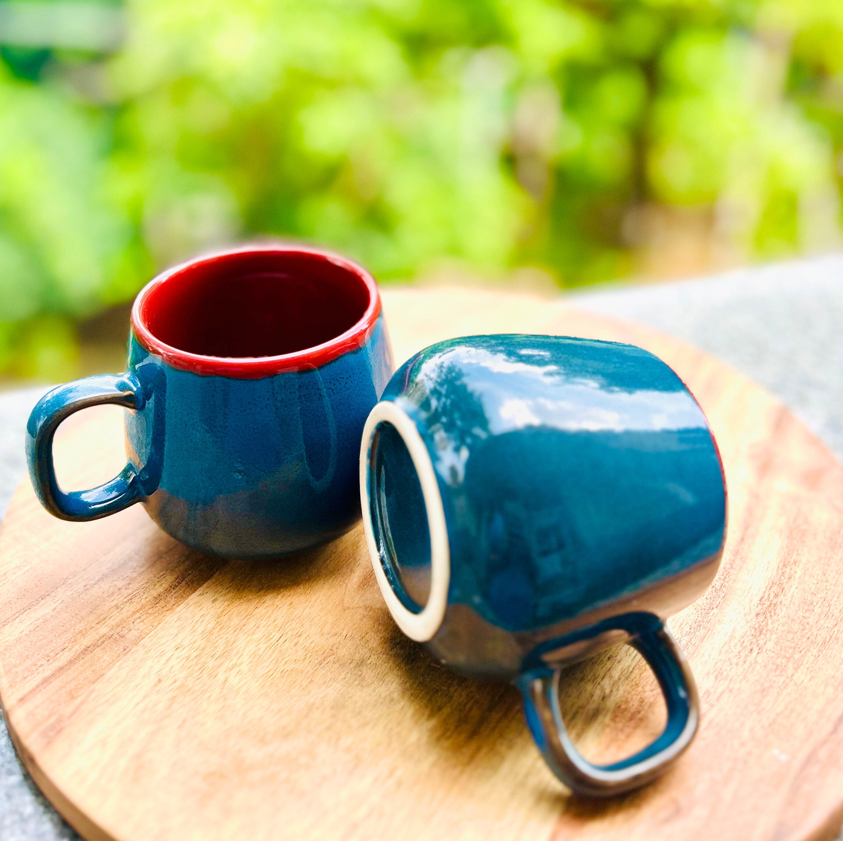 Blue Exterior & Red Interior Oval shaped - Handmade Ceramic Coffee Mug 300 ml