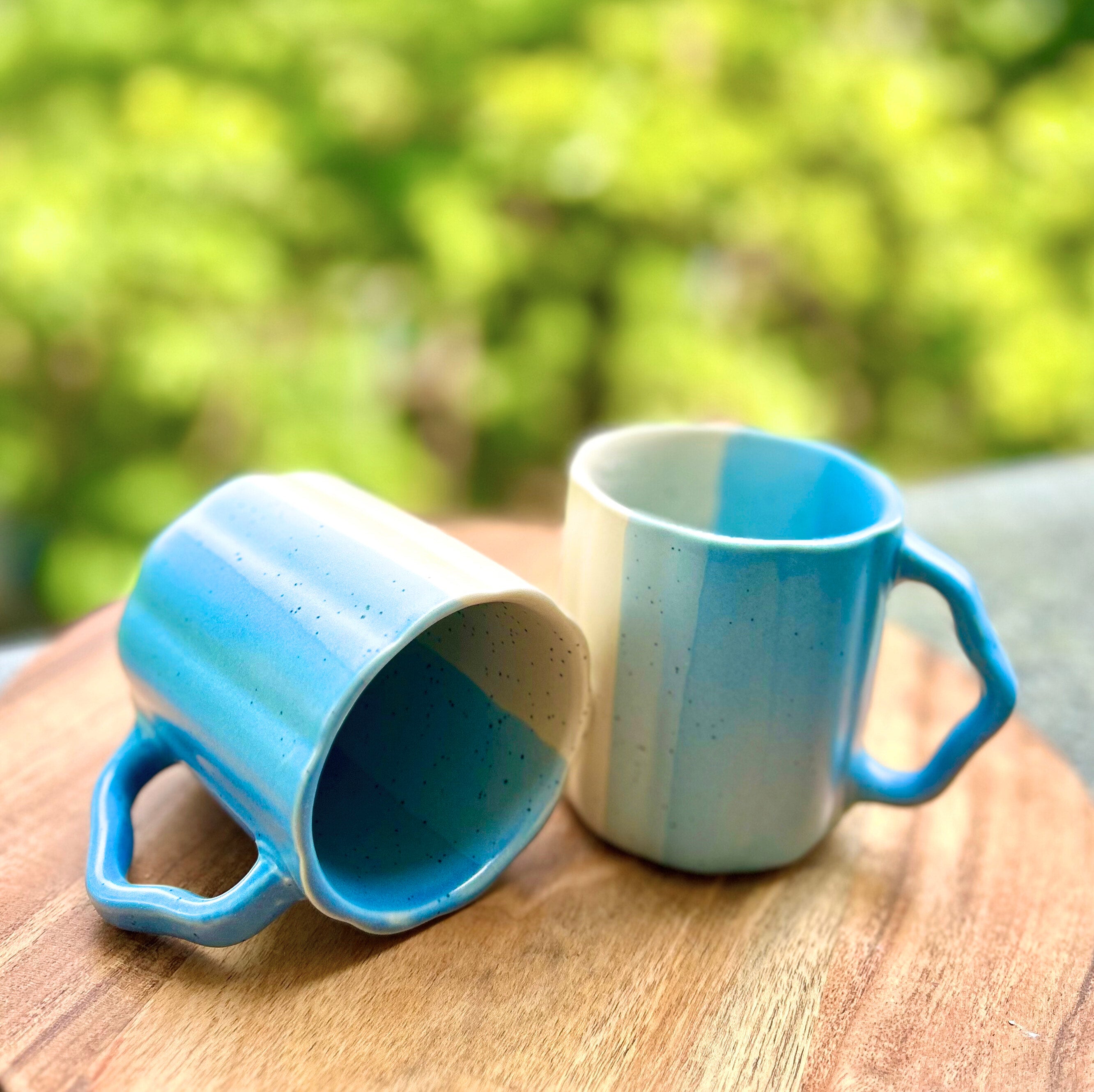 Blue & White Dual-Tone with Textured Handle - Handmade Ceramic Coffee Mug 250 ml