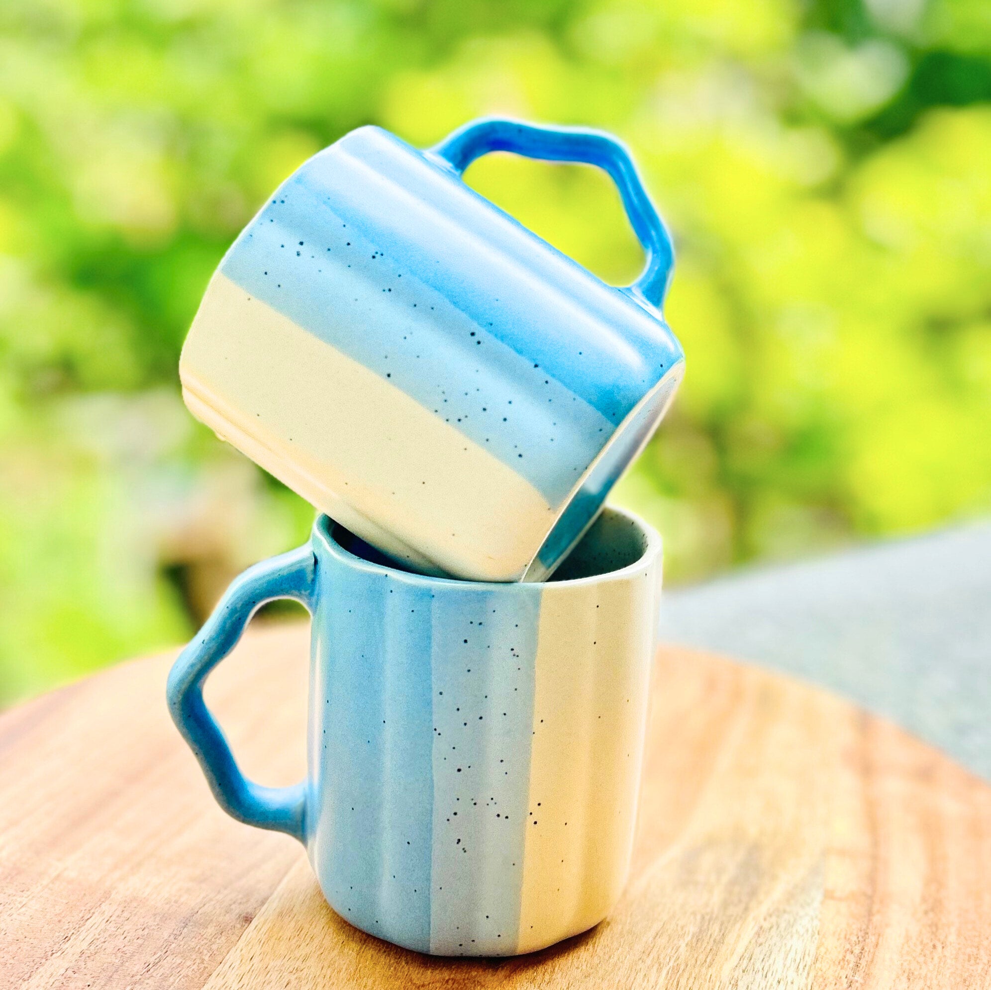 Blue & White Dual-Tone with Textured Handle - Handmade Ceramic Coffee Mug 250 ml