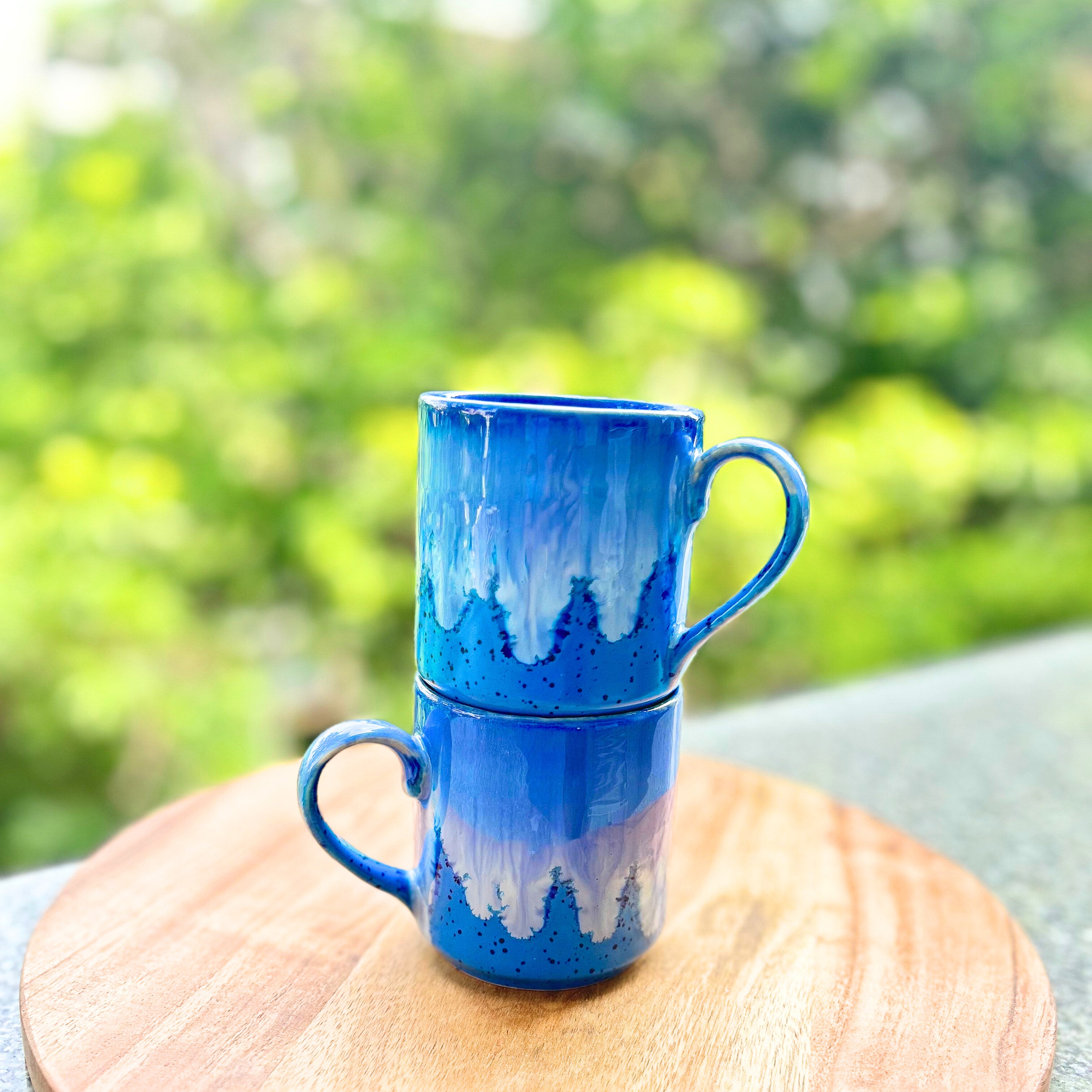 Blue & White Gradient Glaze Glossy Hand Painted - Handmade Ceramic Coffee Mug 260 ml