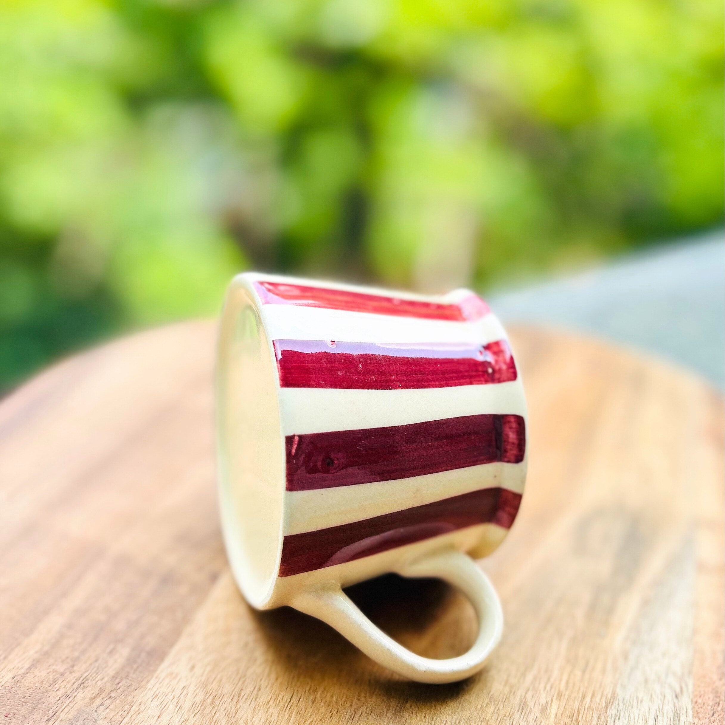 Cream with Maroon Stripes Glossy Hand Painted - Handmade Ceramic Coffee/Tea Mug 200 ml
