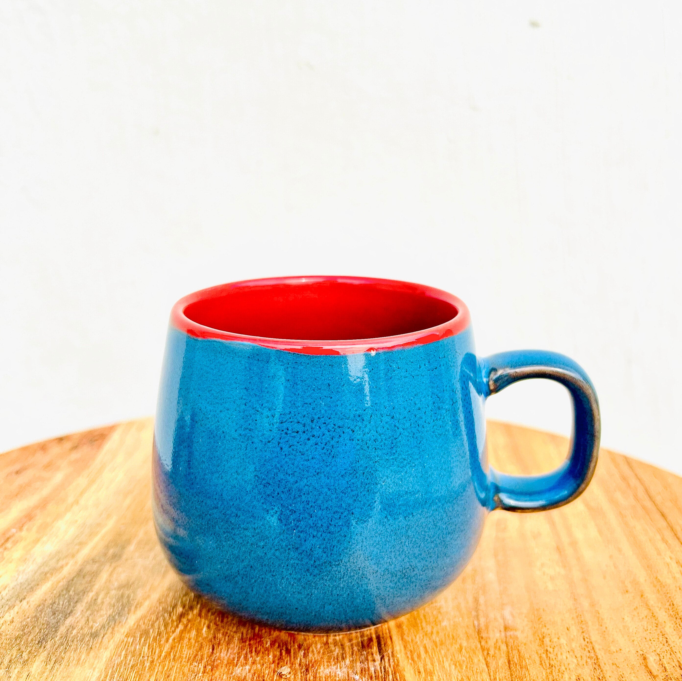 Blue Exterior & Red Interior Oval shaped - Handmade Ceramic Coffee Mug 300 ml