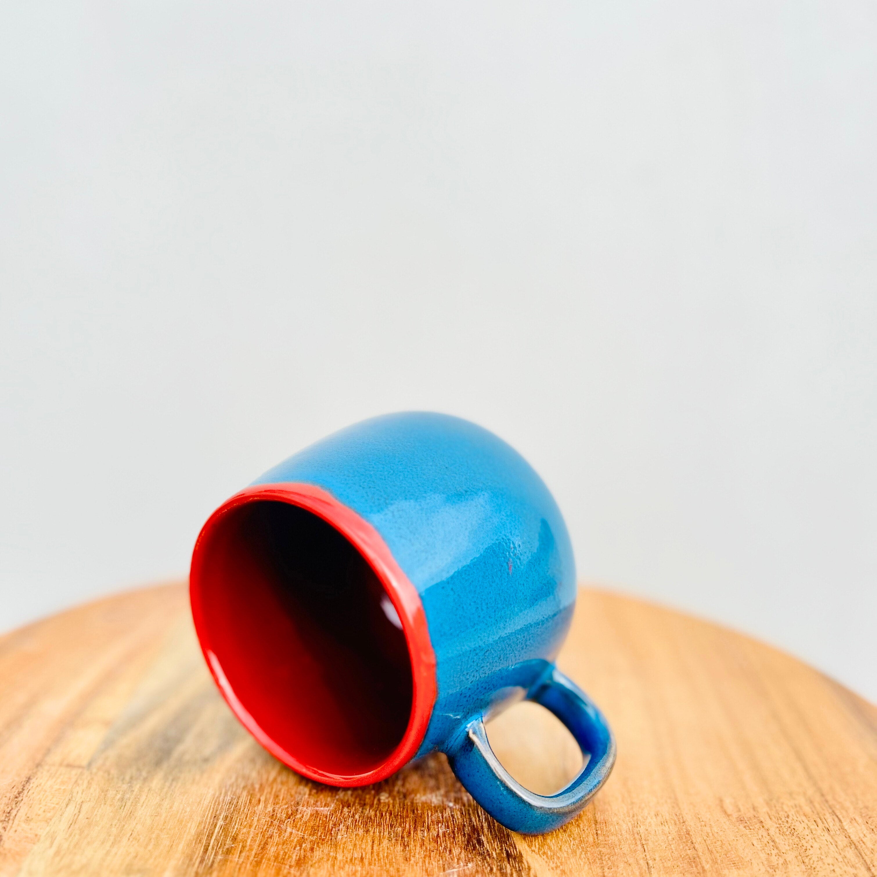 Blue Exterior & Red Interior Oval shaped - Handmade Ceramic Coffee Mug 300 ml