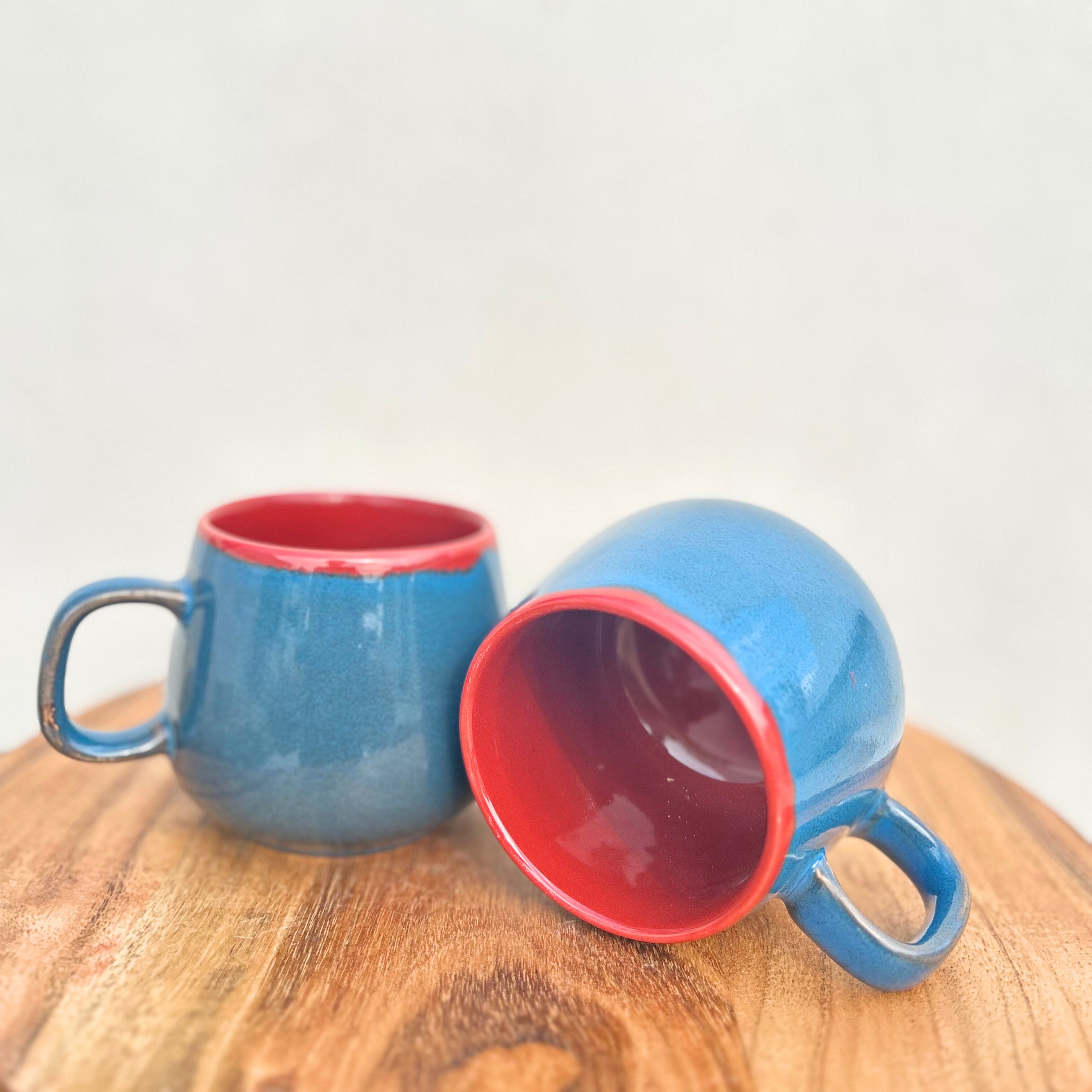 Blue Exterior & Red Interior Oval shaped - Handmade Ceramic Coffee Mug 300 ml