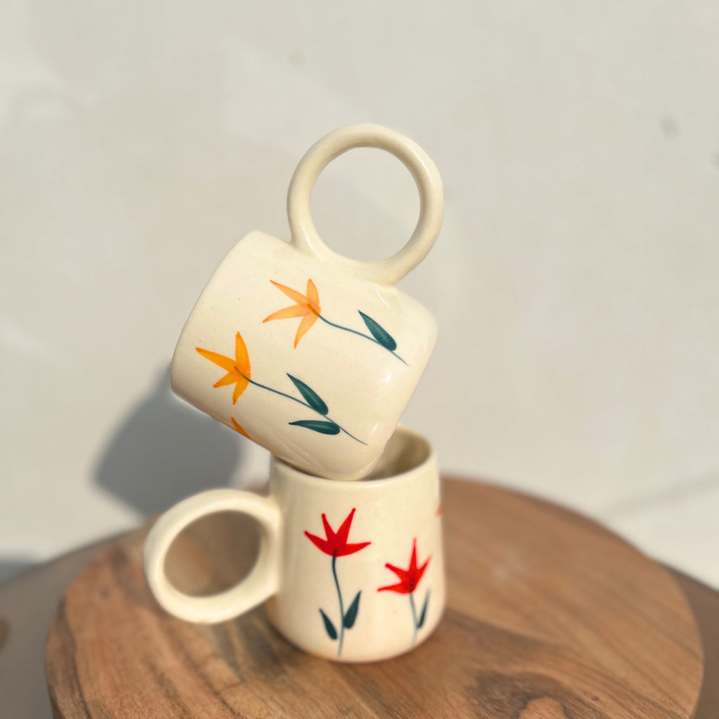Cream with Yellow Handpainted Flower Design - Handmade Floral Ceramic Coffee Mug 315 ml