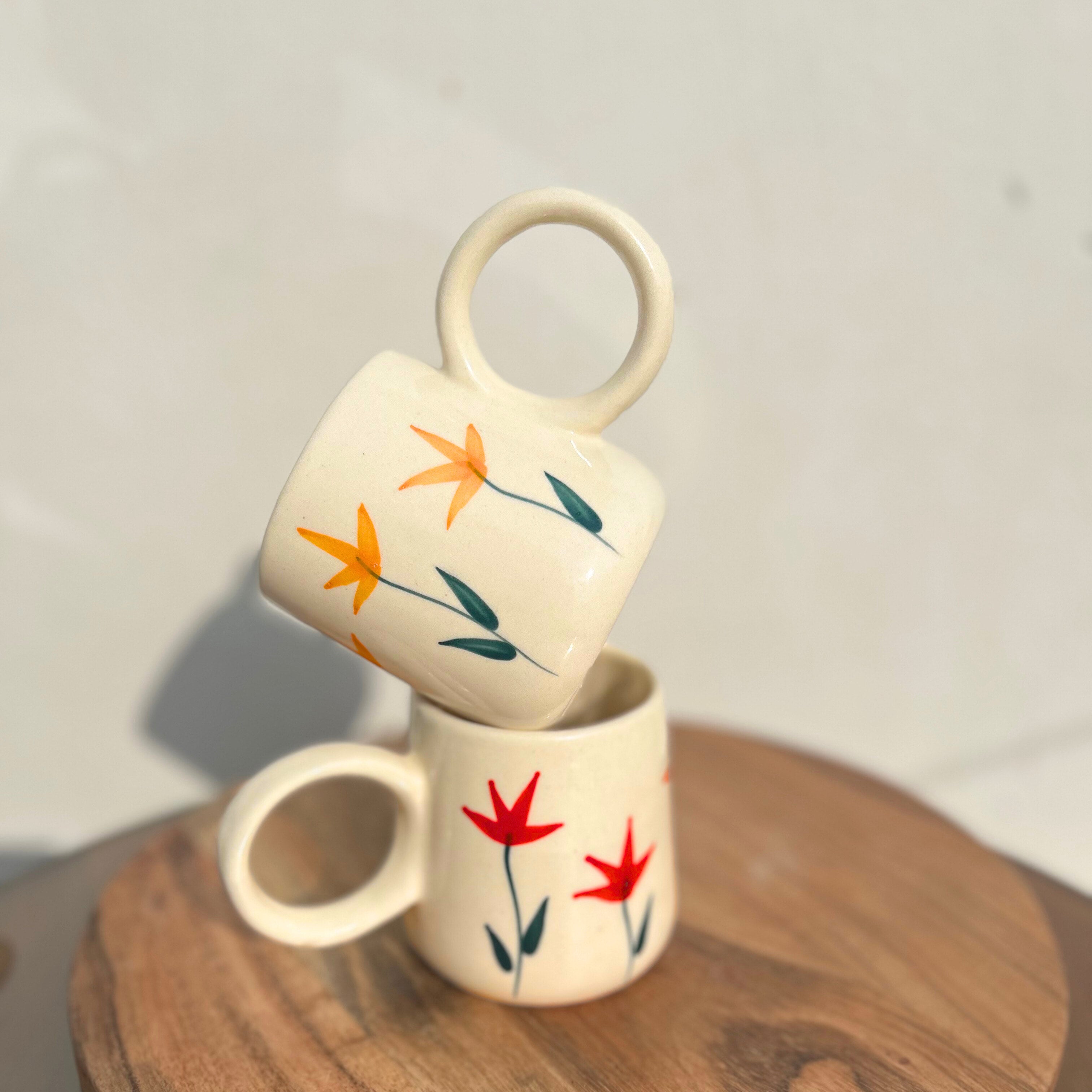 Cream with Yellow Handpainted Flower Design - Handmade Floral Ceramic Coffee Mug 315 ml