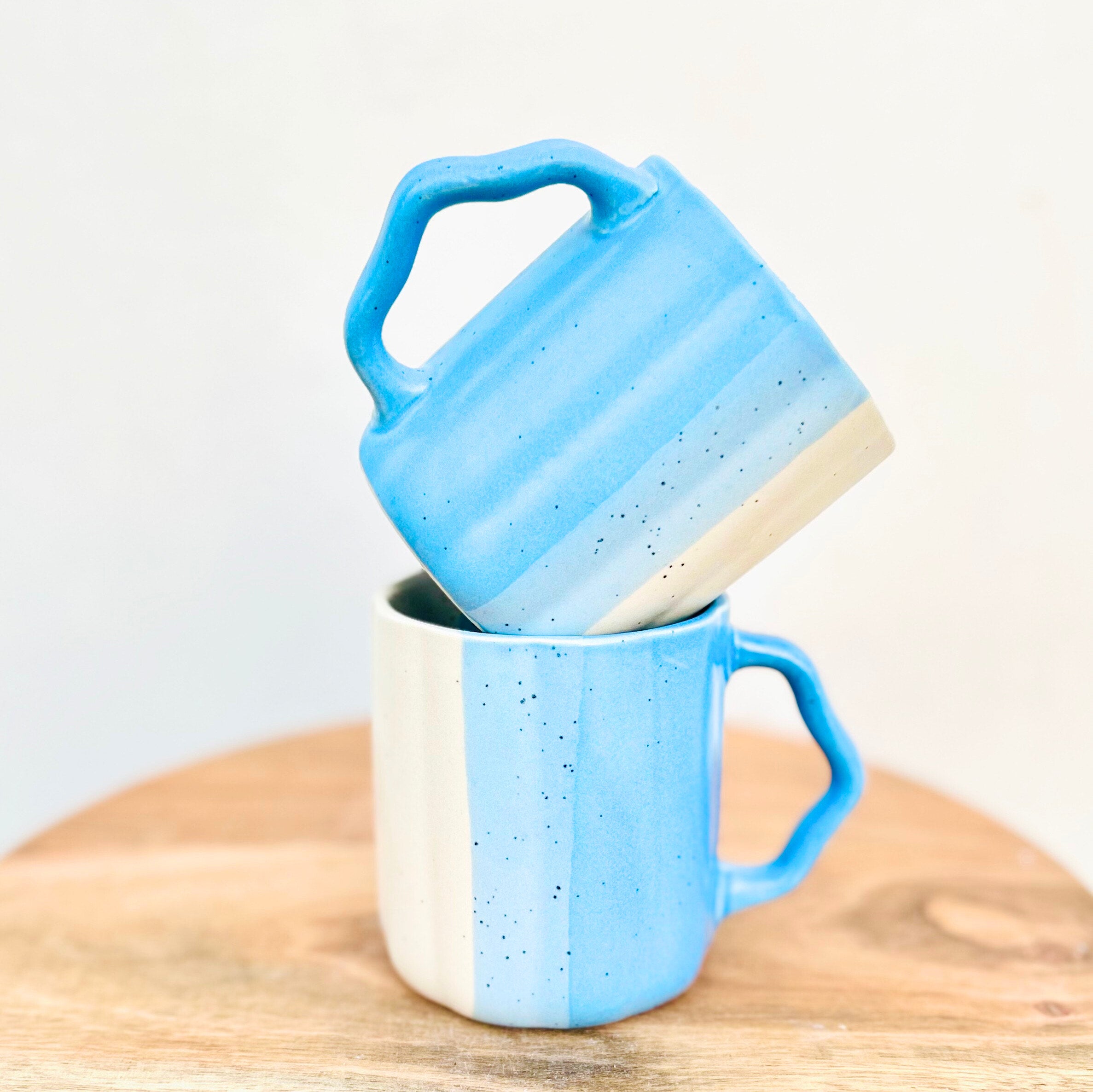 Blue & White Dual-Tone with Textured Handle - Handmade Ceramic Coffee Mug 250 ml