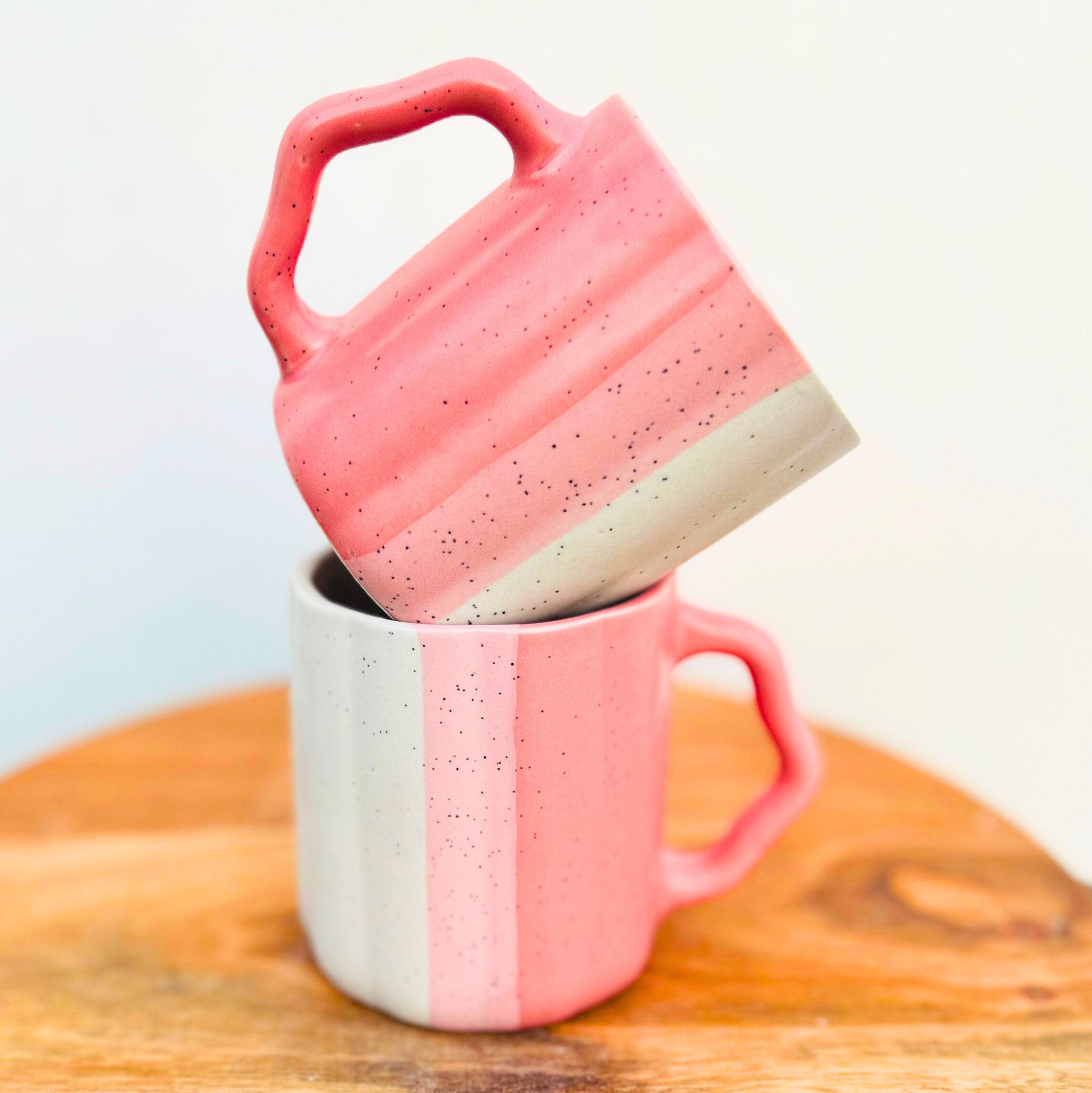 Pink & White Dual-Tone Coffee Cup with Designer Handle - Handmade Ceramic Mug 250 ml