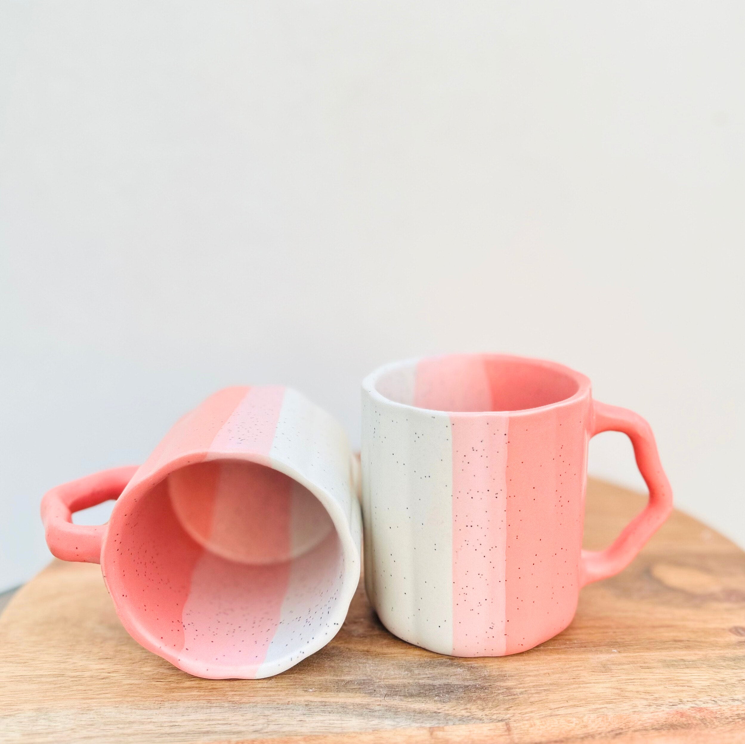 Pink & White Dual-Tone Coffee Cup with Designer Handle - Handmade Ceramic Mug 250 ml