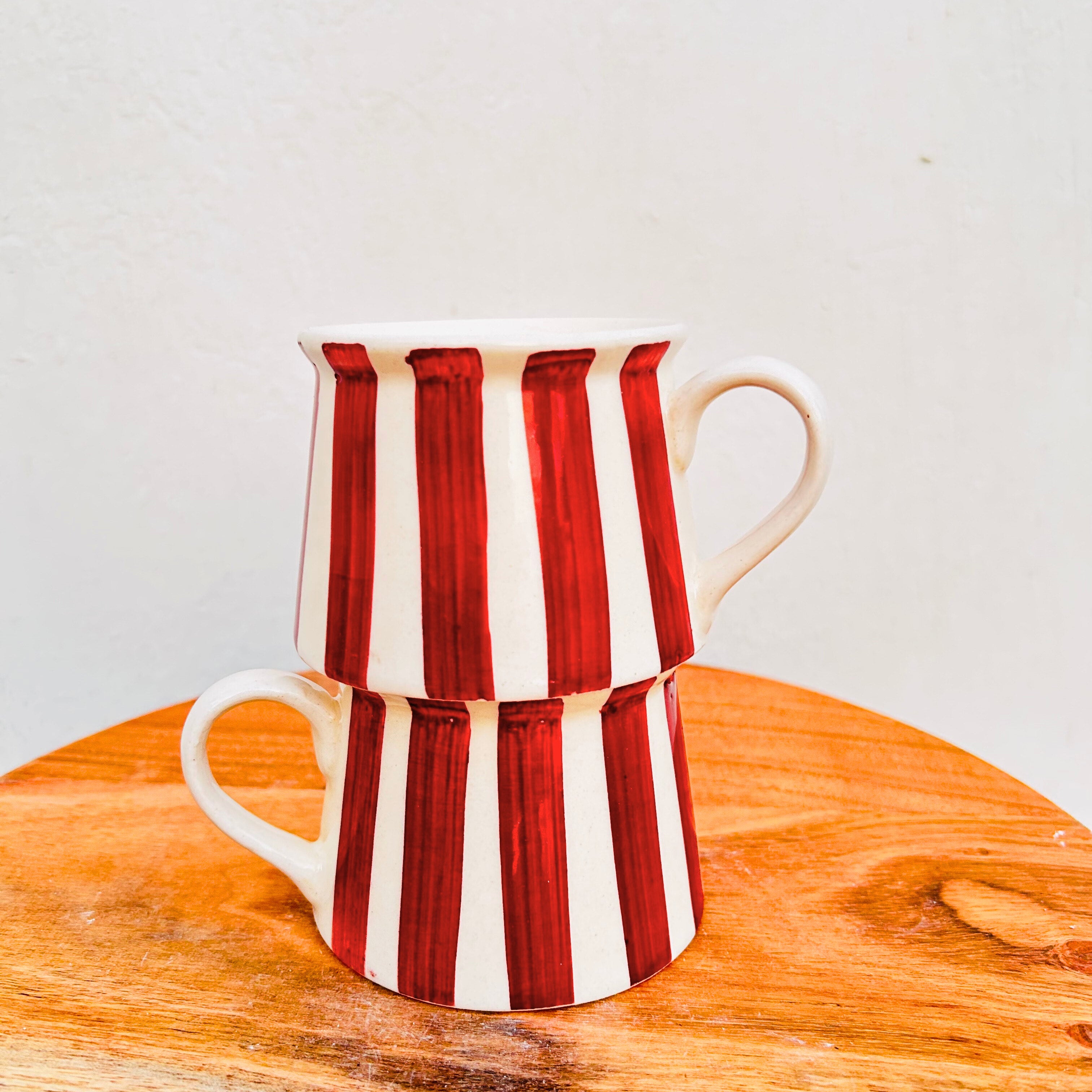 Cream with Maroon Stripes Glossy Hand Painted - Handmade Ceramic Coffee/Tea Mug 200 ml
